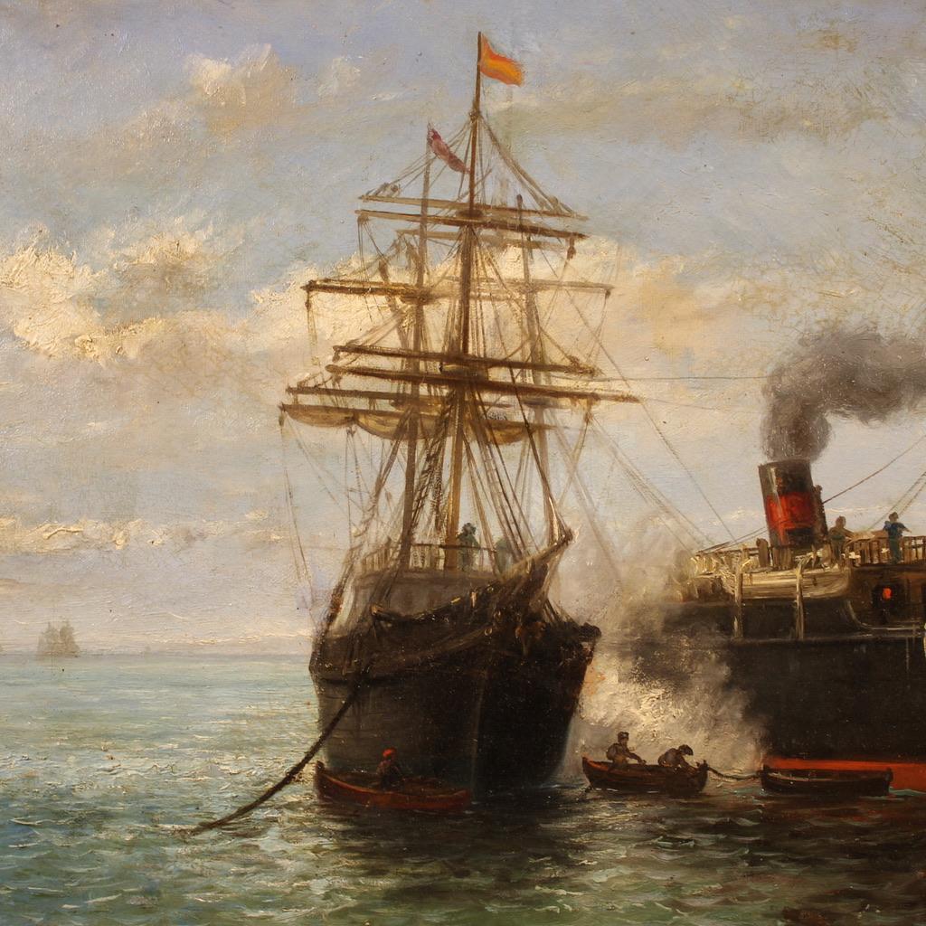19th Century Oil on Canvas Spanish Signed and Dated Painting Seascape with Boats in vendita 4