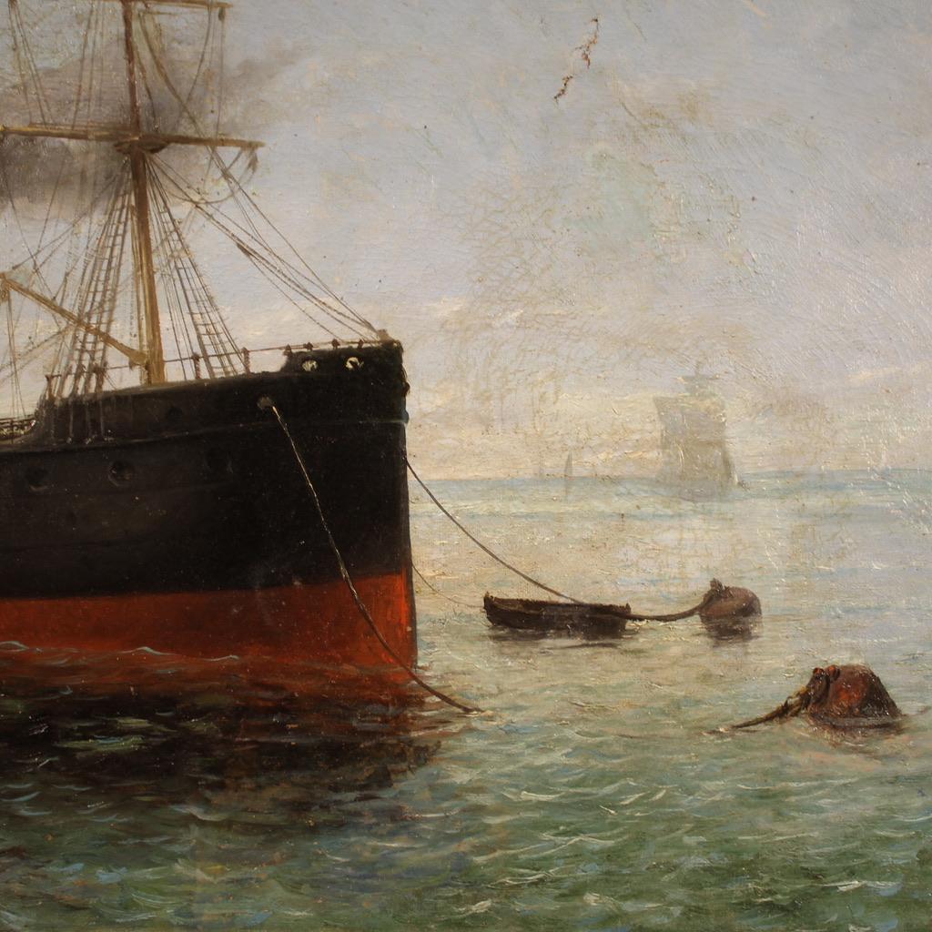 19th Century Oil on Canvas Spanish Signed and Dated Painting Seascape with Boats in vendita 5