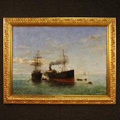 Antique 19th Century Oil on Canvas Spanish Signed and Dated Painting Seascape with Boats