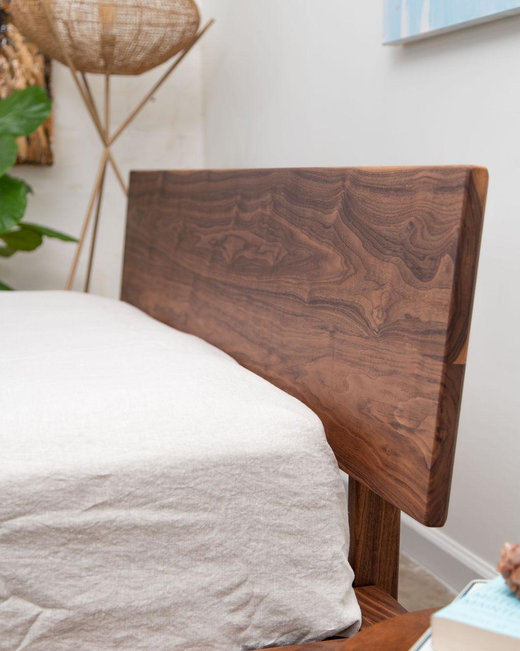 Scandinavian Modern Laurel Bed, Modern Walnut Platform Queen Bed with Ash Slats For Sale