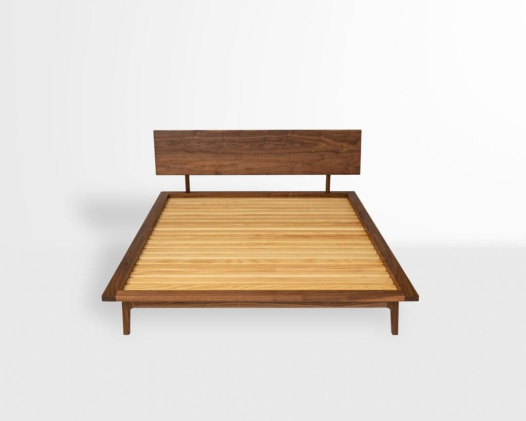 Hand-Crafted Laurel Bed, Modern Walnut Platform Queen Bed with Ash Slats For Sale