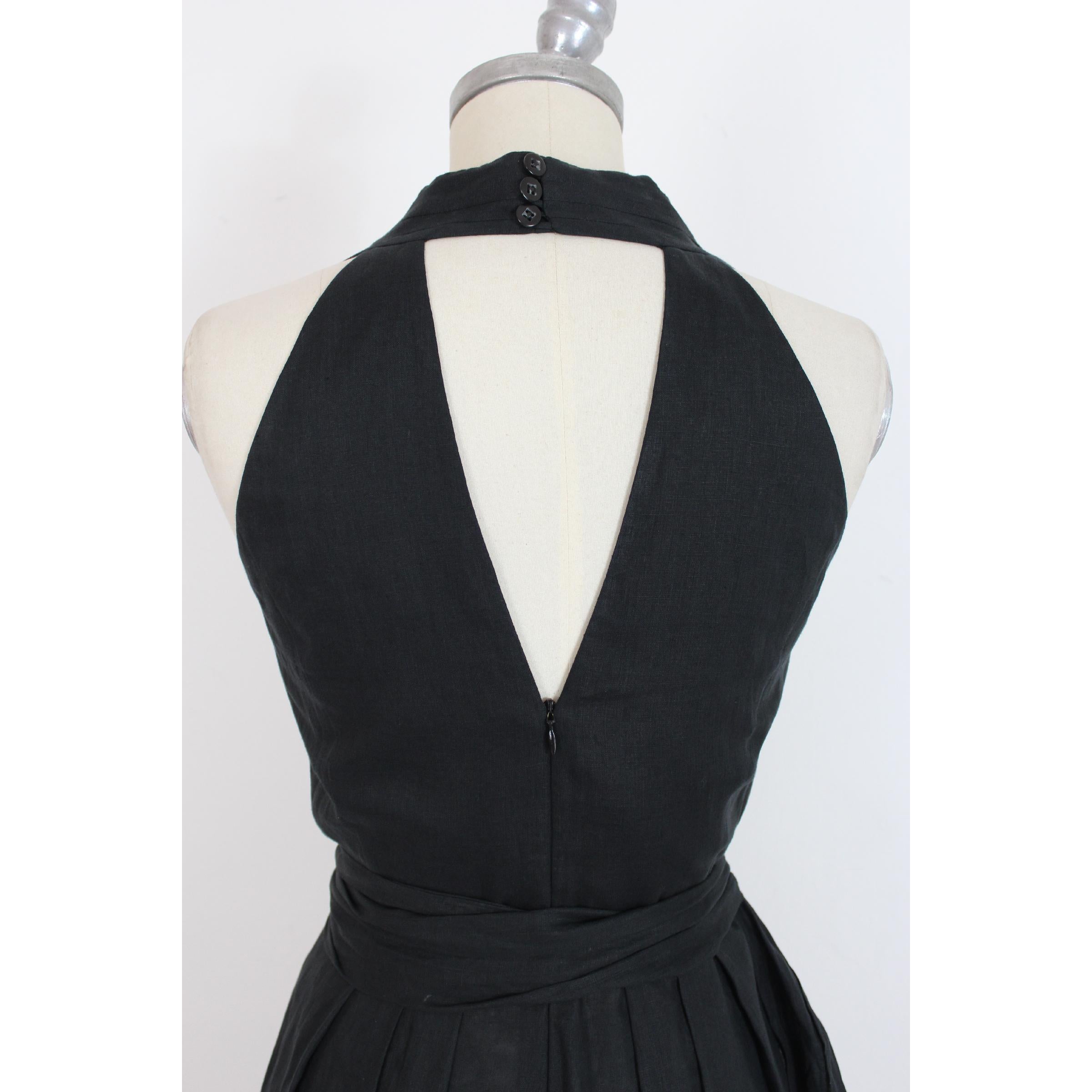 Laurel Black Linen American Neckline Pleated Long Dress 1990s 1