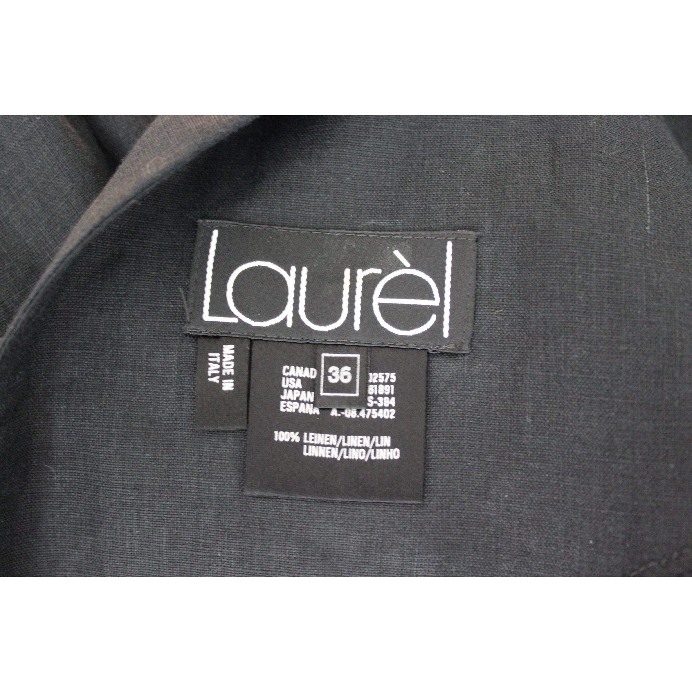 Laurel Black Linen American Neckline Pleated Long Dress 1990s 2