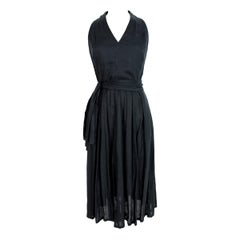 Laurel Black Linen American Neckline Pleated Long Dress 1990s