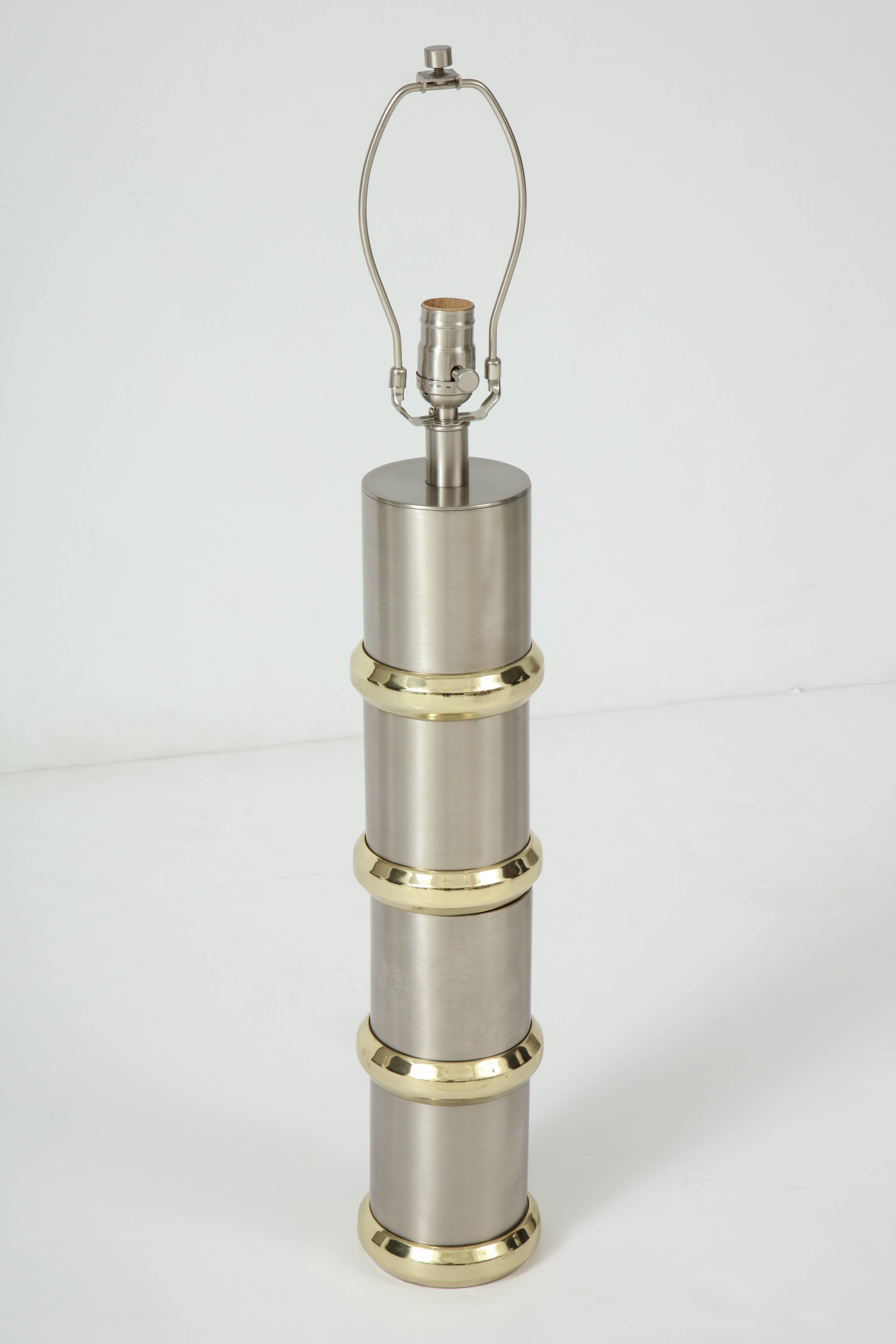 Mid-Century Modern Laurel Brushed Steel, Brass Cylinder Lamps For Sale