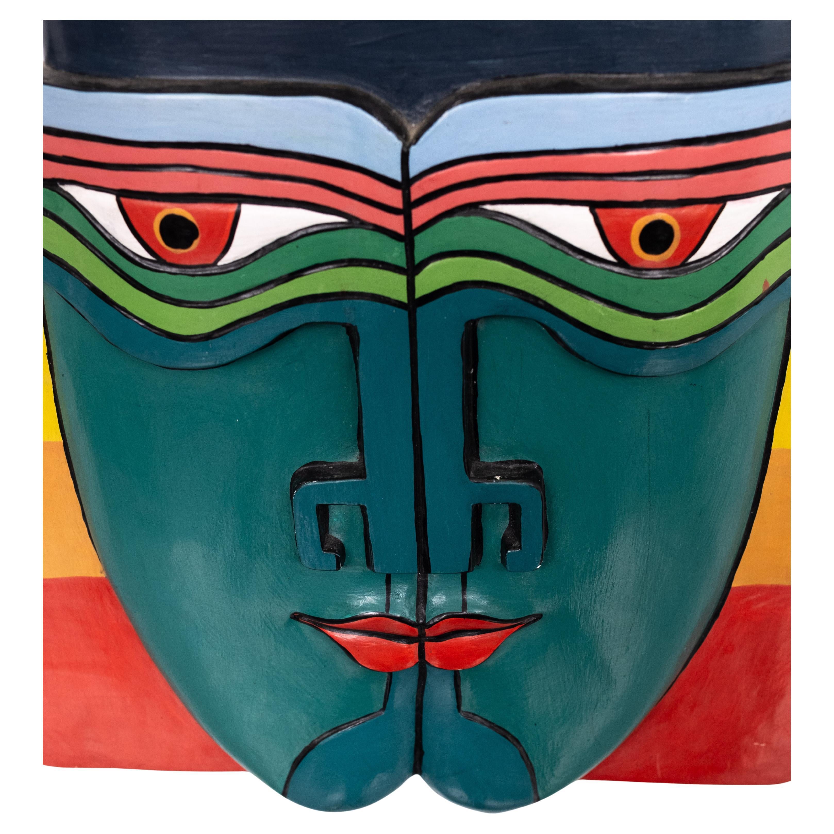 Vintage Laurel Burch Maschera tribale azteca maya in legno Appendiabiti da parete viso quadrato Colore.  un pezzo straordinario.