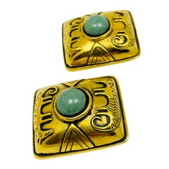 LAUREL BURCH signed vintage gold tone glass jade designer 80's clip on earrings
