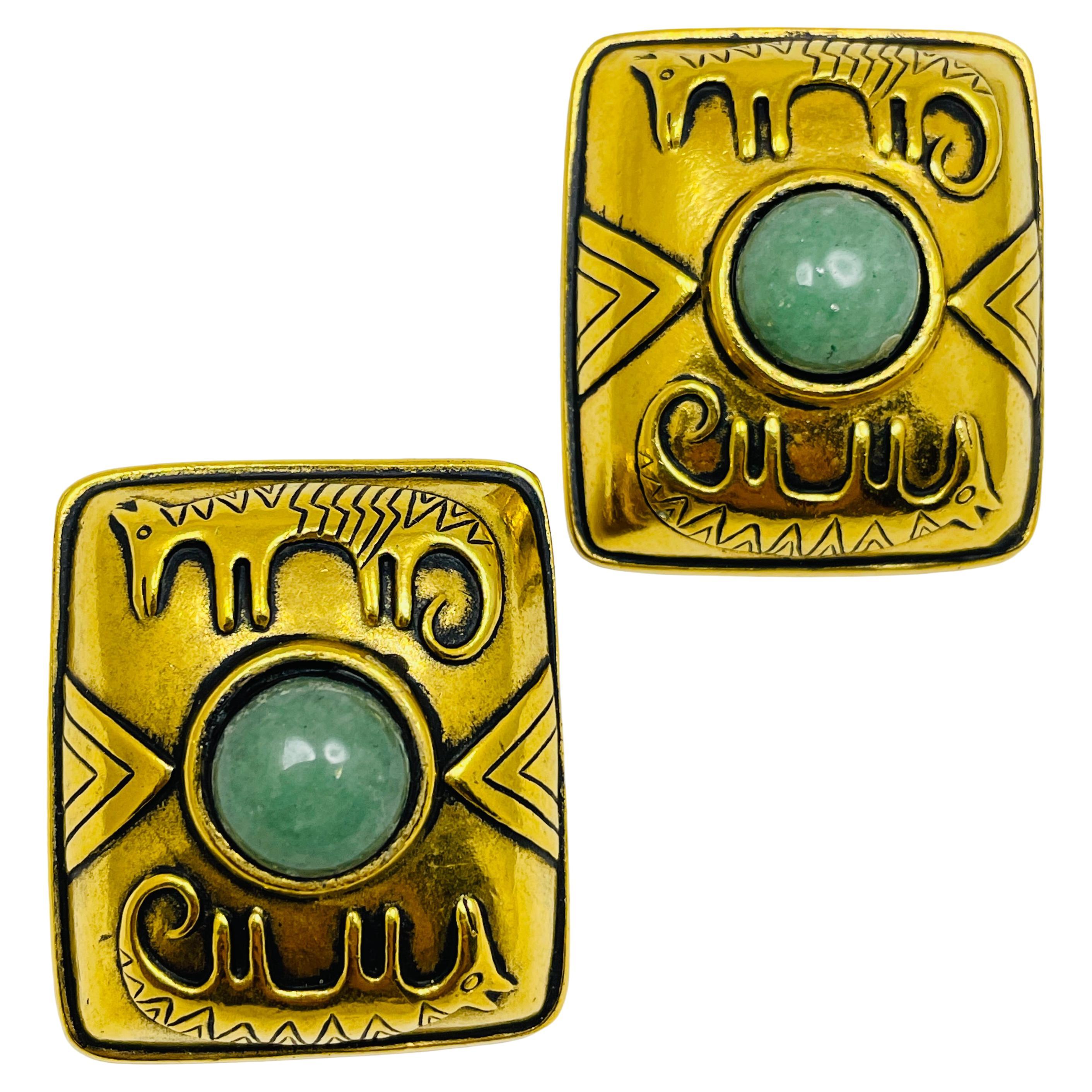 LAUREL BURCH signiert Vintage Gold Ton Glas Jade Designer 80er Jahre Clip auf Ohrringe