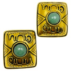 LAUREL BURCH signed vintage gold tone glass jade designer 80's clip on earrings LAUREL BURCH signed vintage gold tone glass jade designer 80's clip on earrings