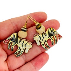 LAUREL BURCH Wild ZEBRA signed vintage gold tone enamel designer earrings