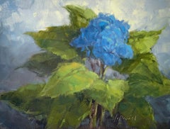 Hydrangea in Blue, Painterly Realistic Blue Flower Oil on Panel