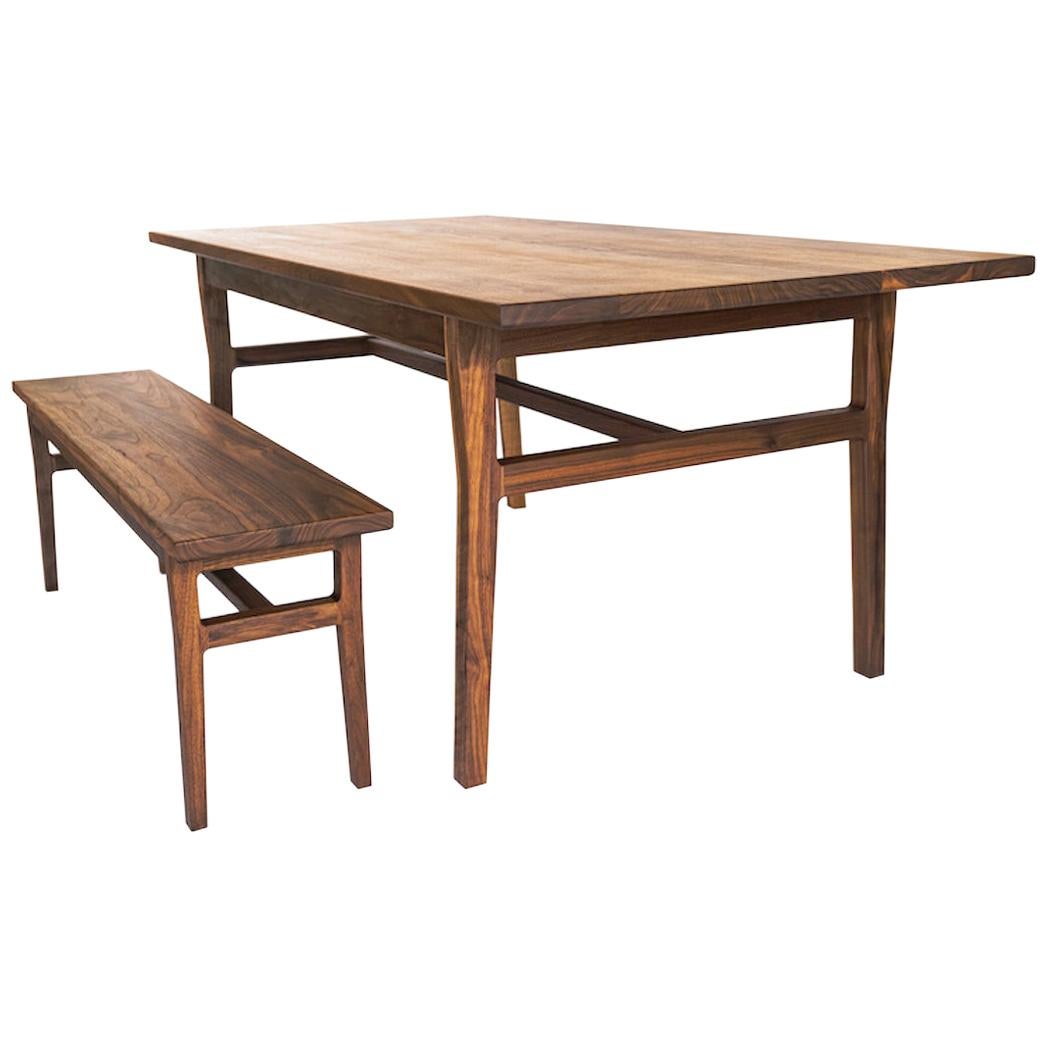 Laurel Dining Set, Modern Walnut Table and Bench with Sculpted Joinery