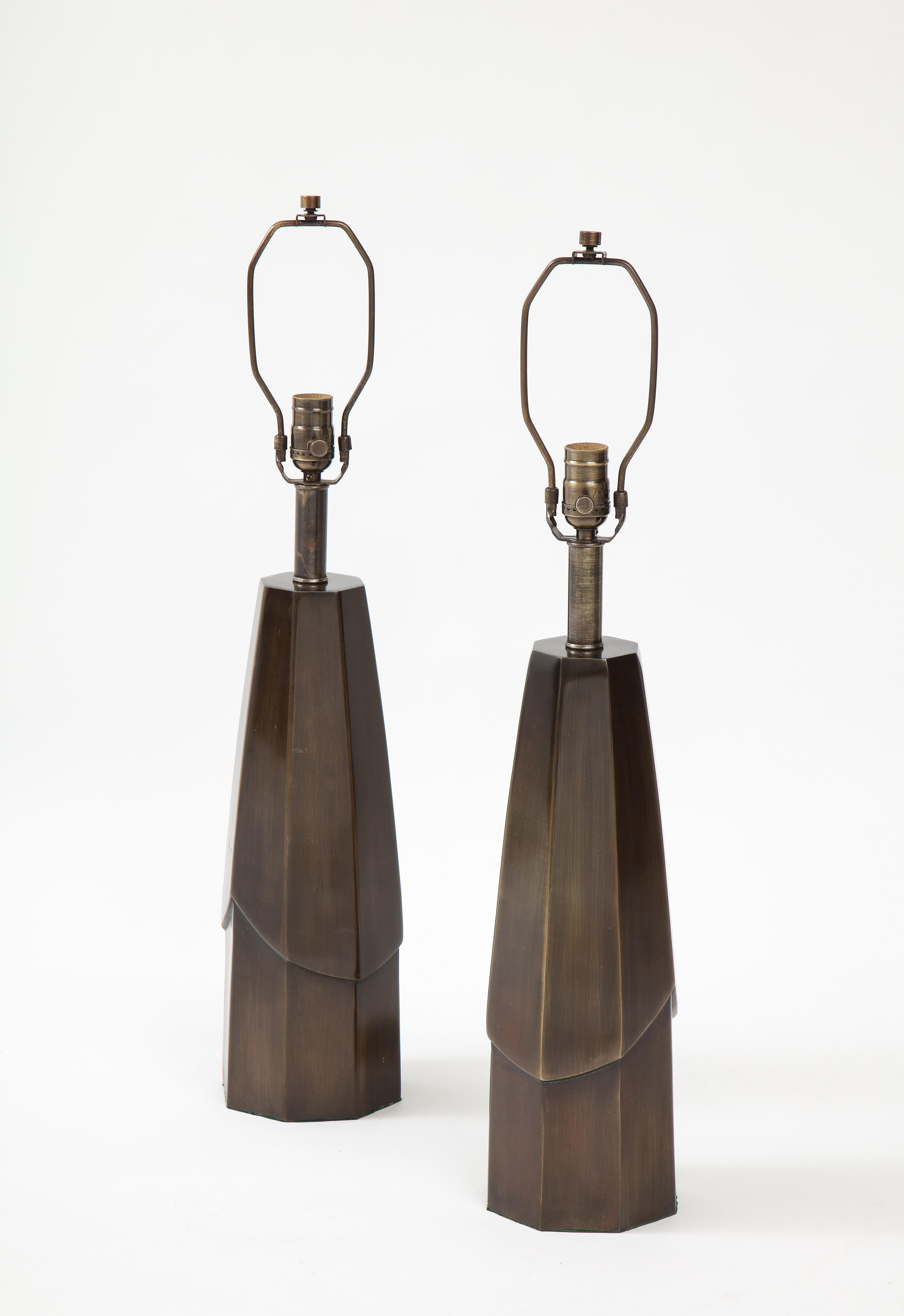 Mid-Century Modern Laurel Faceted Bronze Lamps