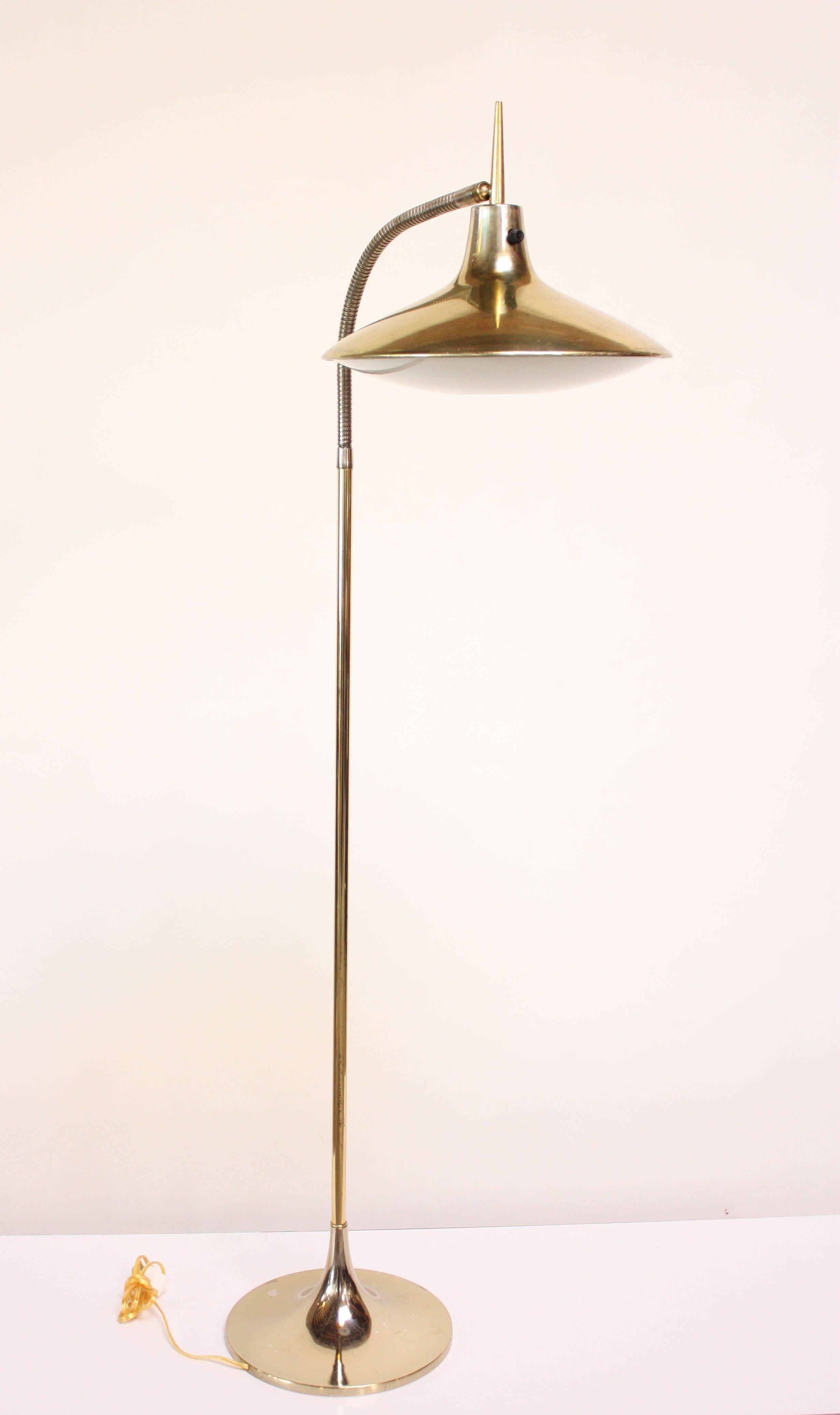 Laurel floor lamp (model B- 683) featuring a fully adjustable shade and original diffuser. Original condition with wear to the shade edges and base (spots of loss and light scratches). Remains in good, vintage condition - rewired and ready for use.