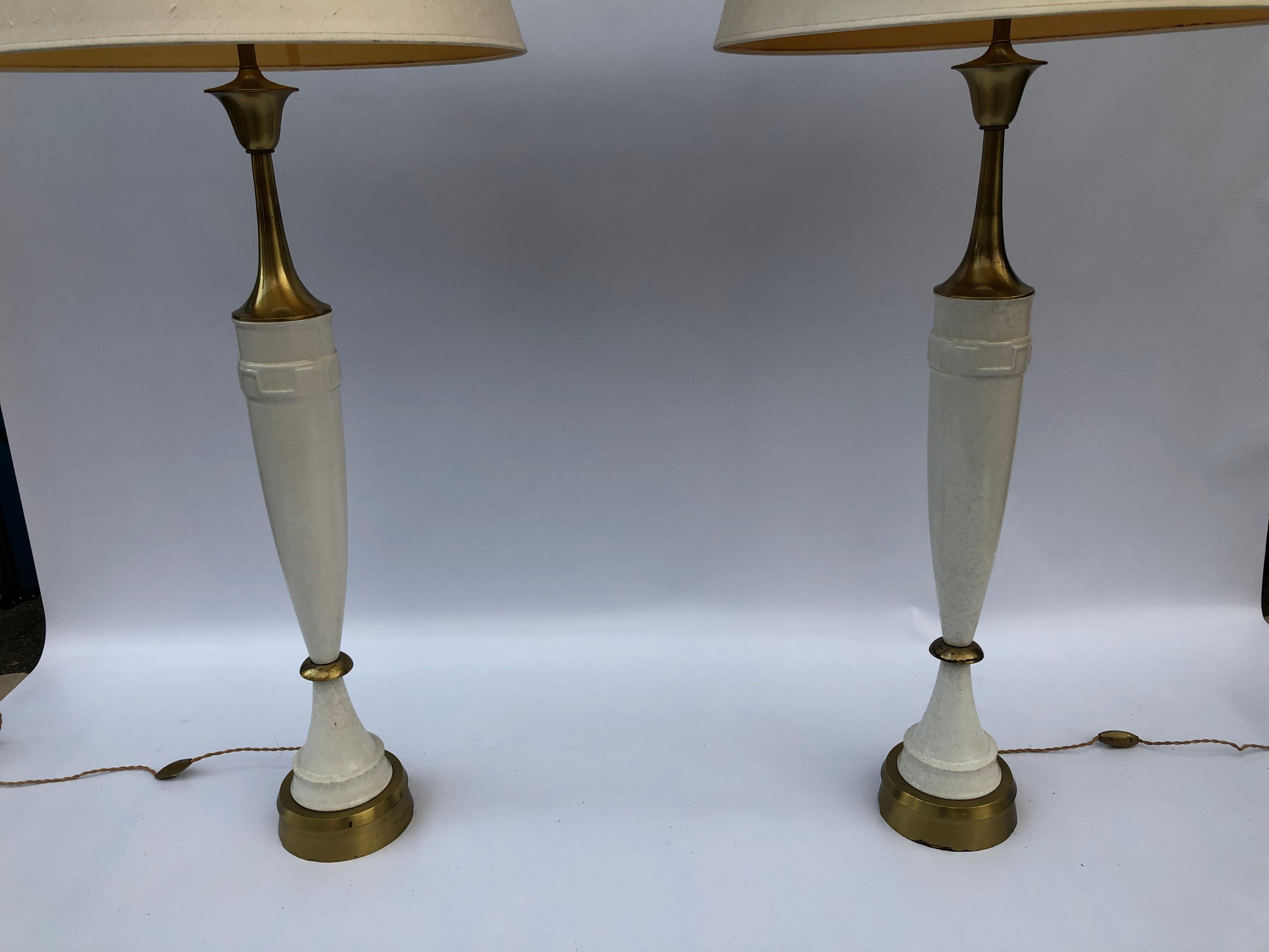 Laurel Greek Key Ceramic Brass Table Lamps 1970s Hollywood Regency Neoclassical In Good Condition For Sale In London, GB