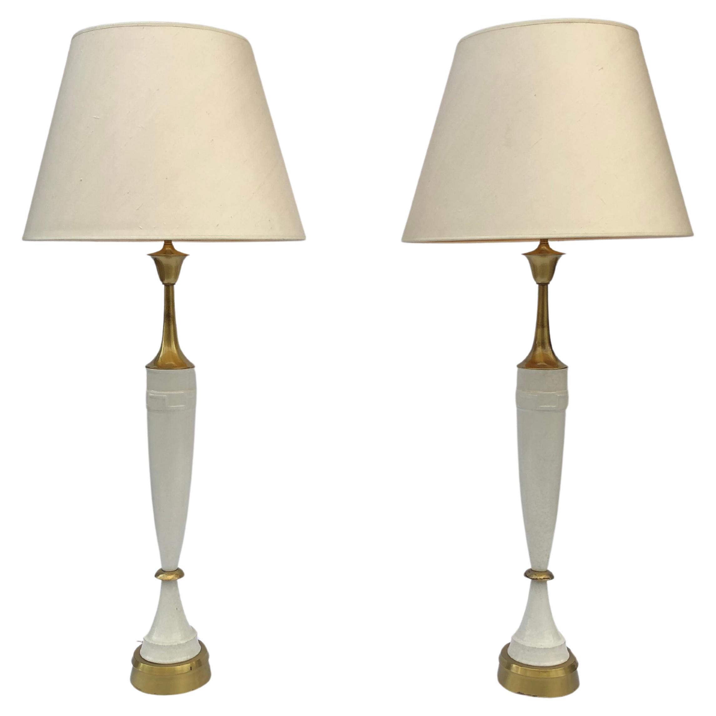 Laurel Greek Key Ceramic Brass Table Lamps 1970s Hollywood Regency Neoclassical