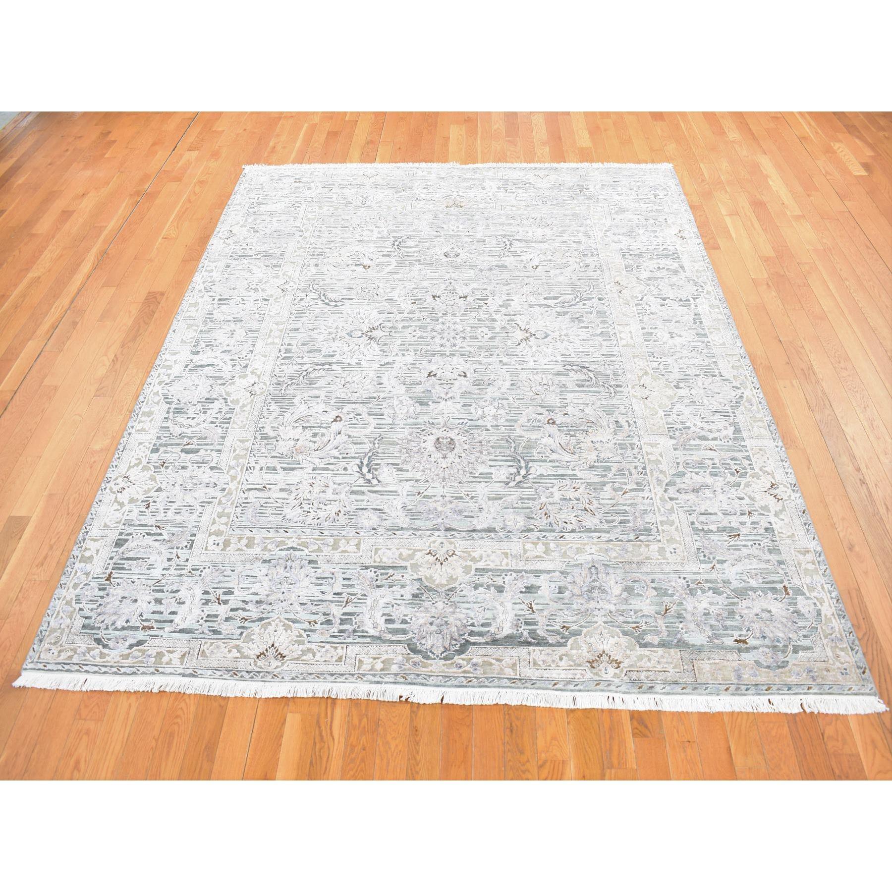 Oushak Tapis oriental noué à la main, vert laurier et motif moghol, 7'10