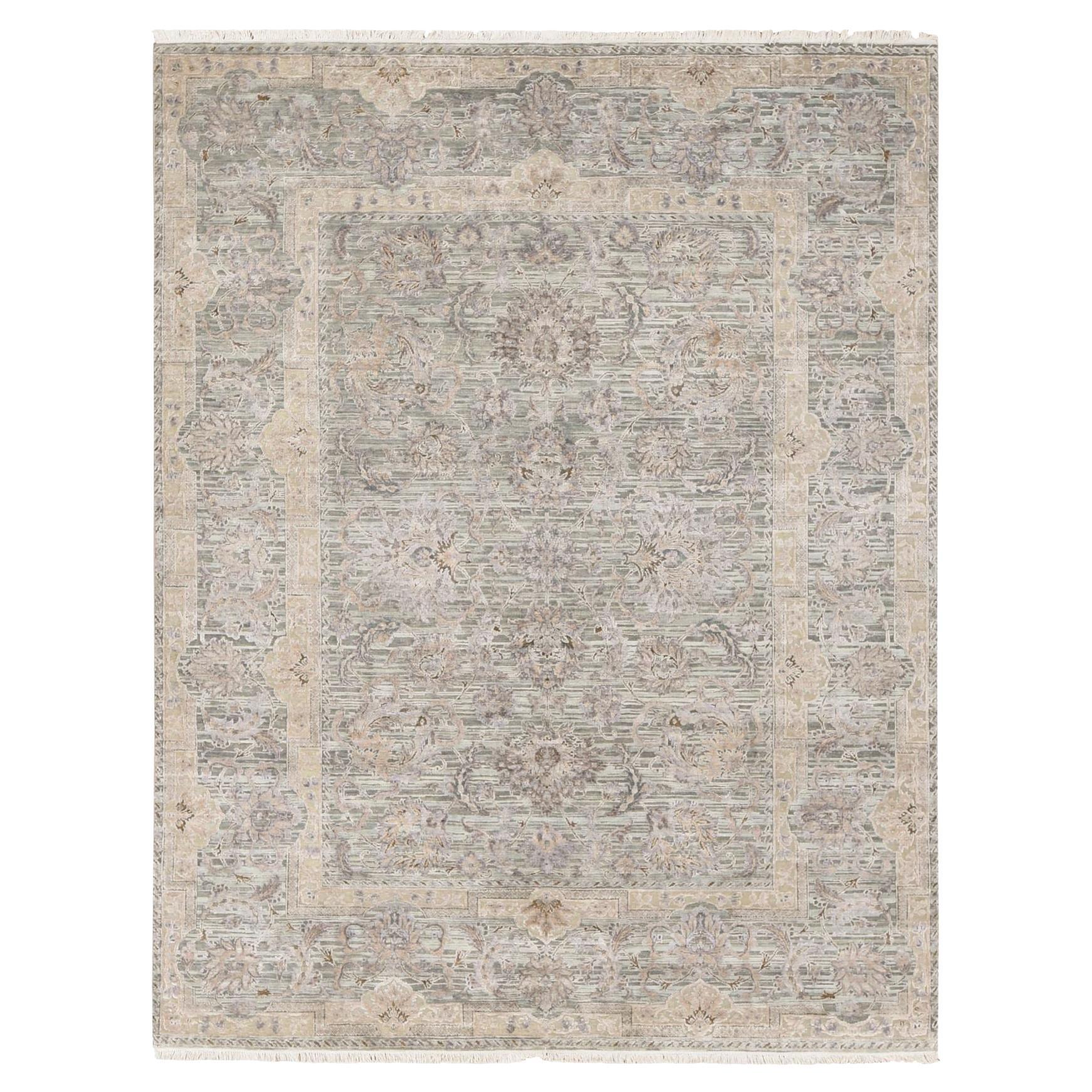 Handgeknüpfter orientalischer Teppich aus reiner Seide in Lorbeergrün im Mughal-Design 7'10" x 10'2"