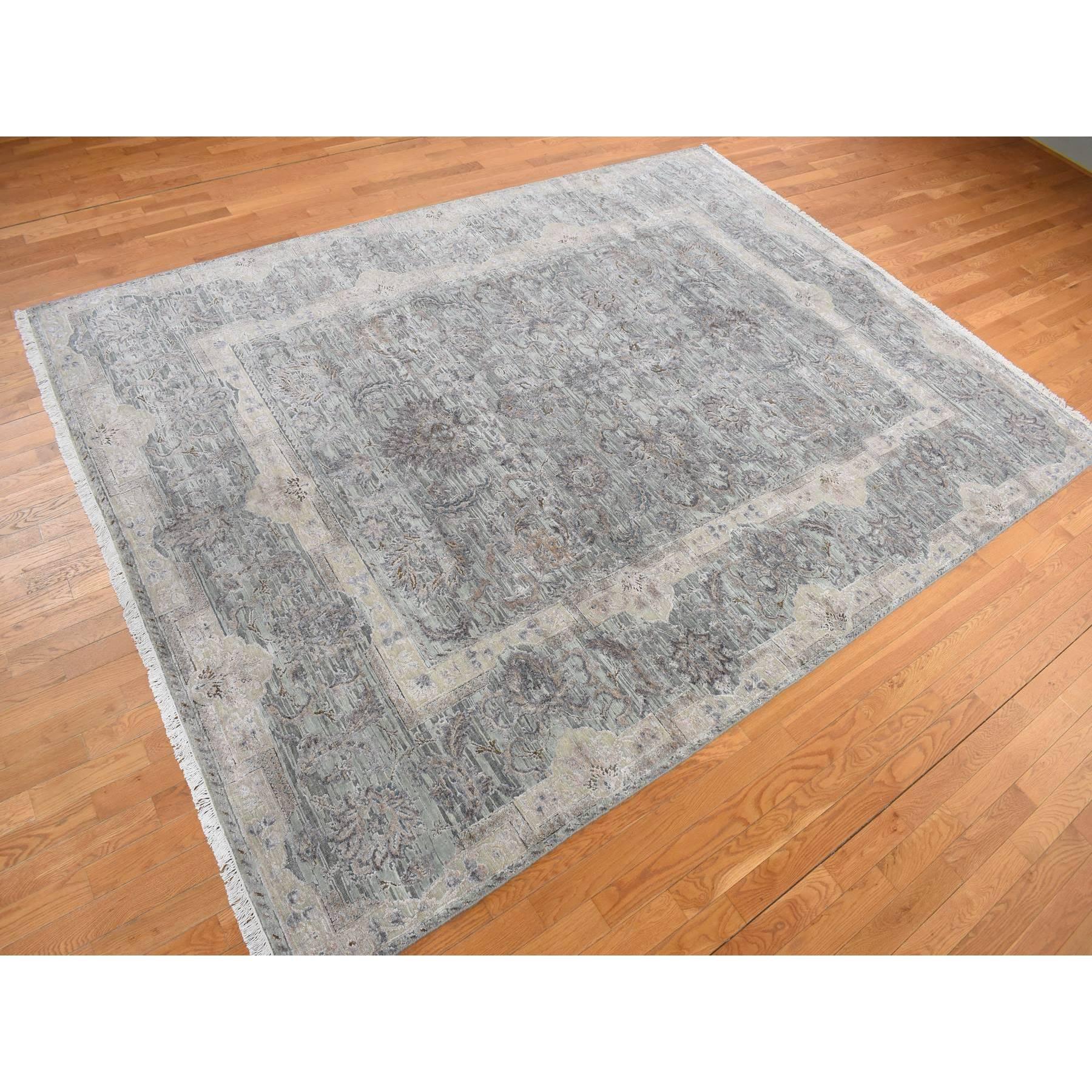 Handgeknüpfter Teppich in Lorbeergrün aus reiner Seide mit Mughal-Design 8'10