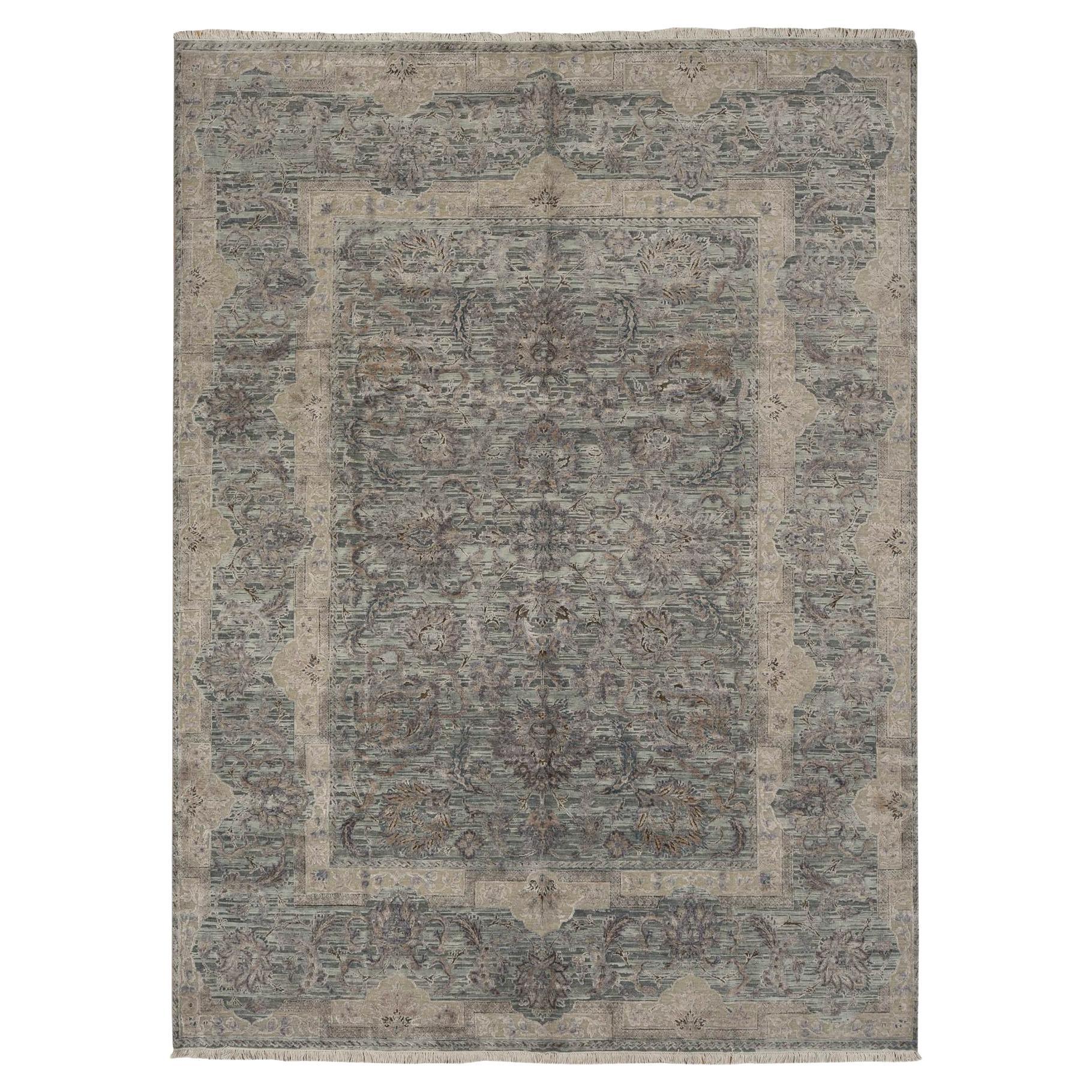 Handgeknüpfter Teppich in Lorbeergrün aus reiner Seide mit Mughal-Design 8'10" x 11'10"
