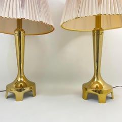 Laurel Lamp Co Footed Greek Key Brass Lamp Pair With Original Pleated Shades