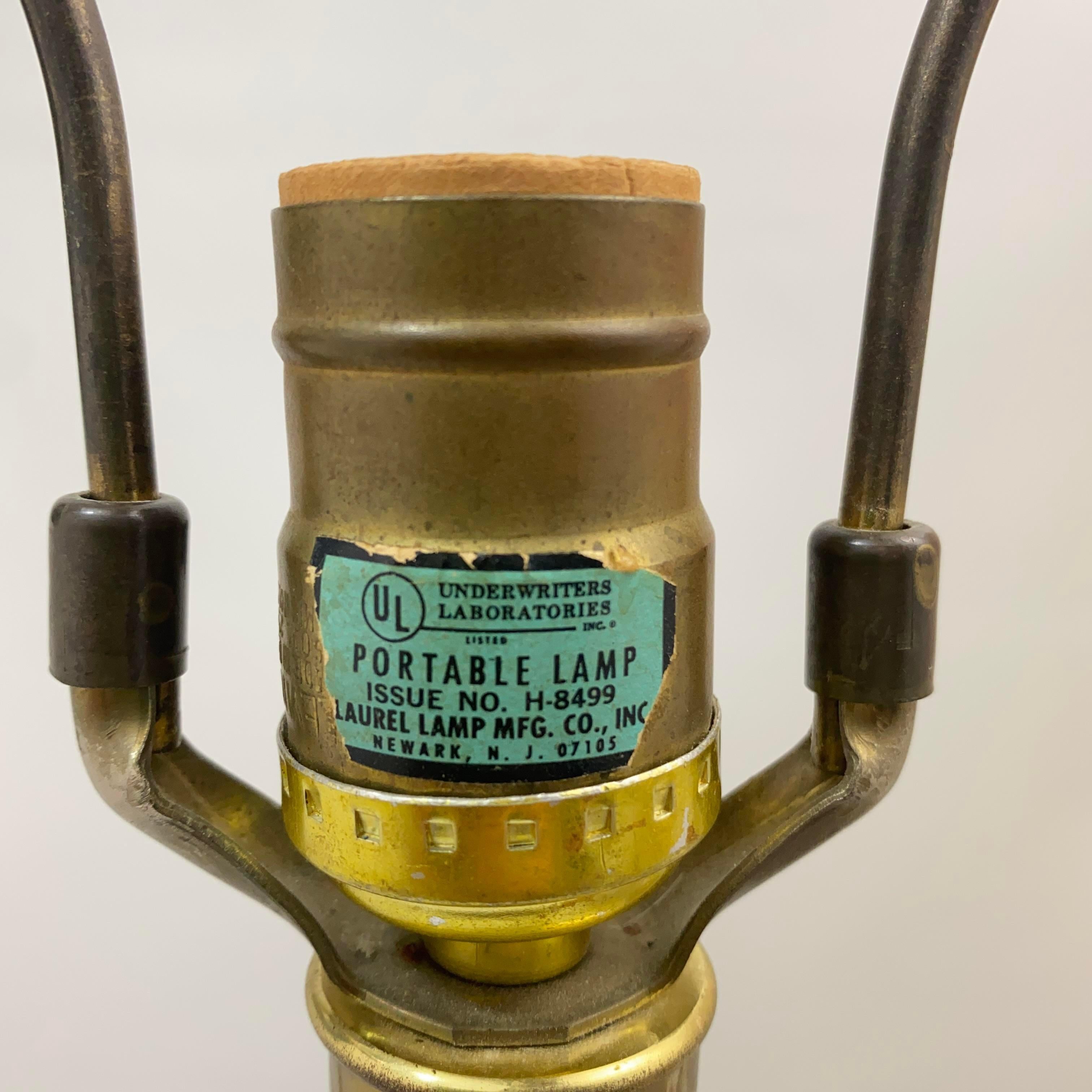 Laurel Lamp Co Footed Greek Key Brass Lamp Pair With Original Pleated Shades For Sale 3