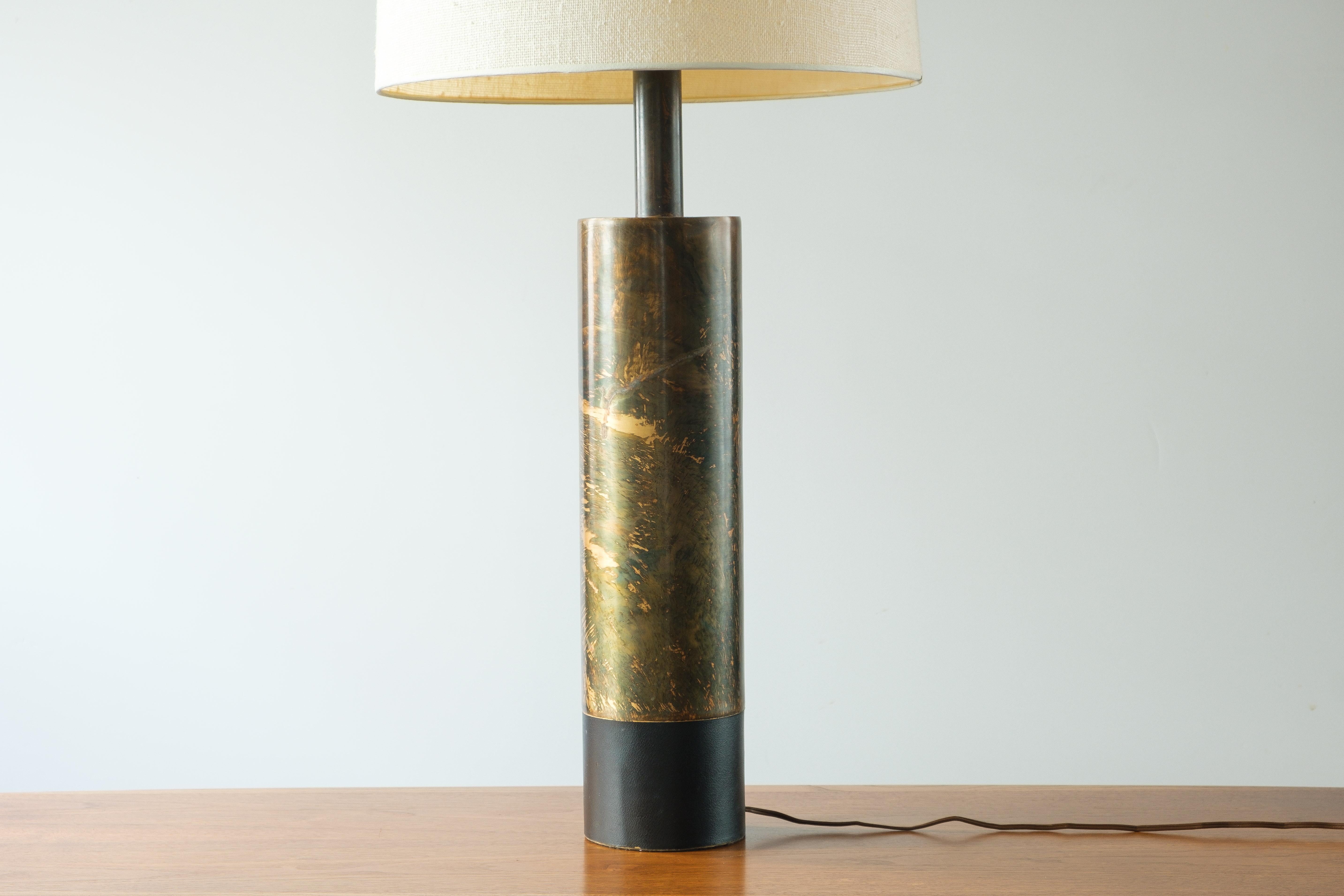 Laurel Lamp Co. H-890 Acid Etched Brass With Leather Base Cuff Table Lamp For Sale 1