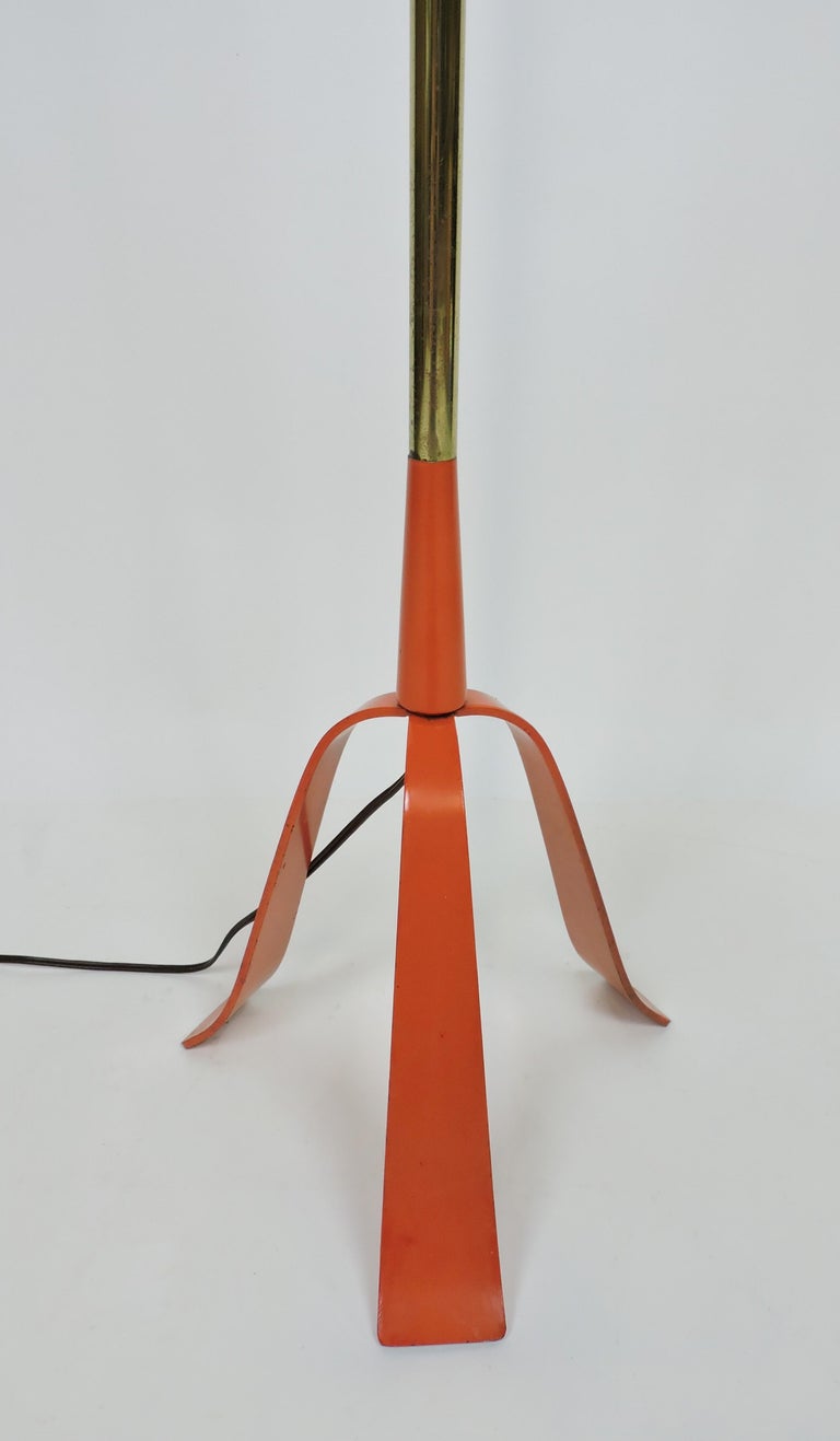 American Laurel Lamp Co. Mid-Century Modern Orange Metal Tripod Base Floor Lamp For Sale
