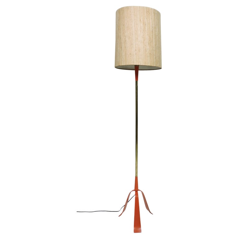 Laurel Lamp Co. Mid-Century Modern Orange Metal Tripod Base Floor Lamp For Sale