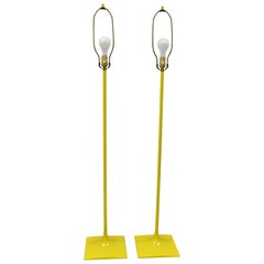 Vintage Laurel Lamp Co Square Tulip Base Yellow Metal Midcentury Floor Lamps, a Pair