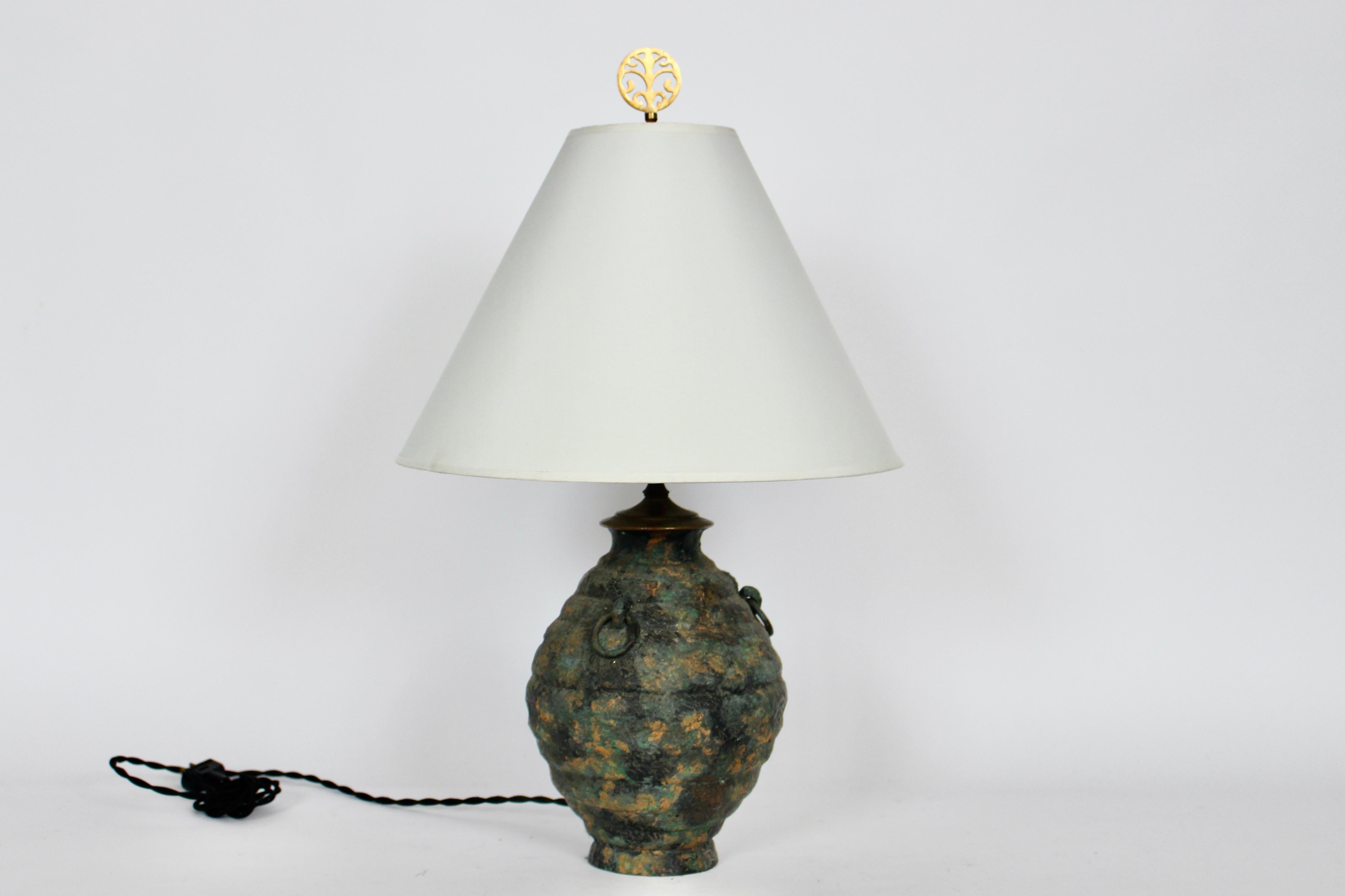 Hollywood Regency Laurel Lamp Co. Ancient Asian Style Bronze Verdigris Table Lamp, circa 1960 For Sale