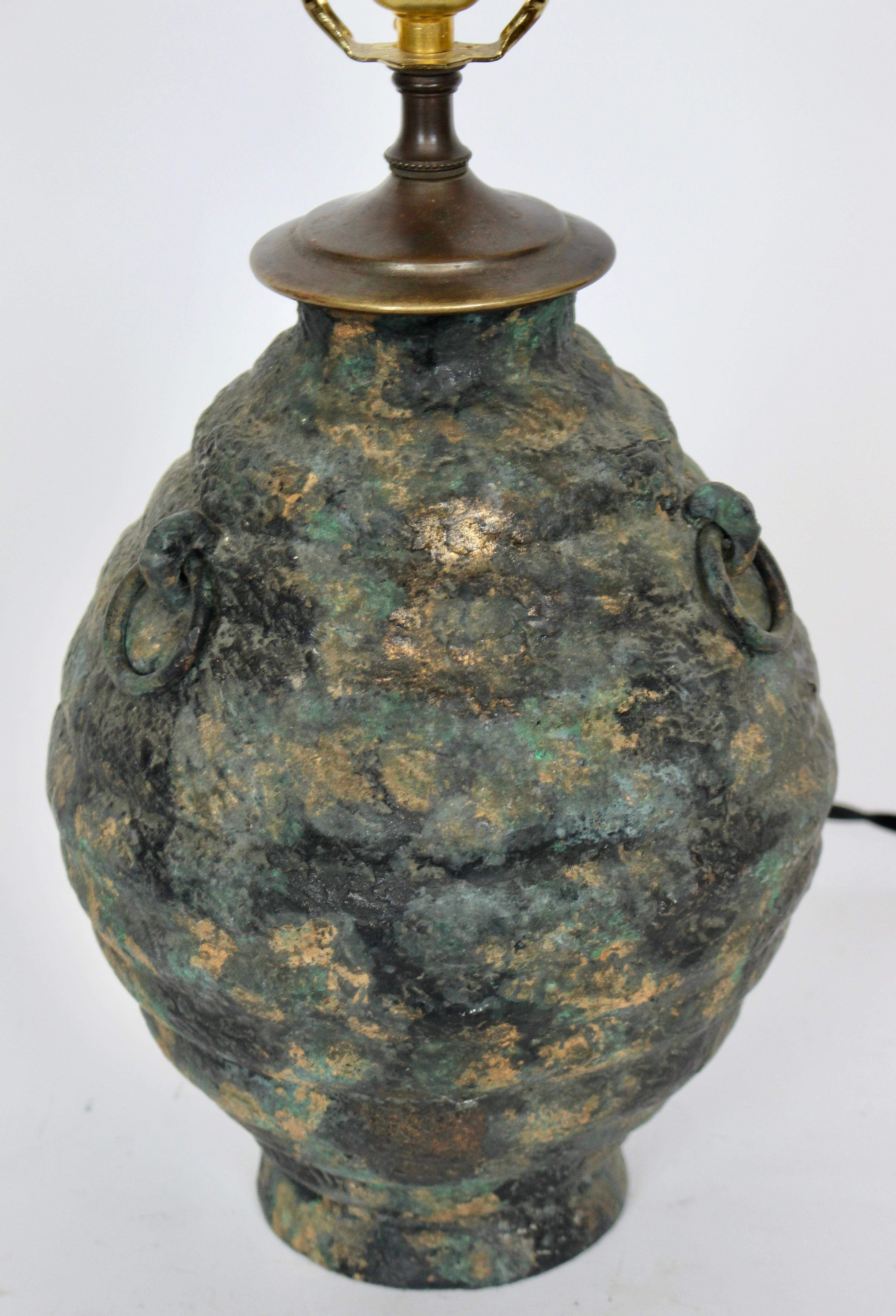 Laurel Lamp Co. Ancient Asian Style Bronze Verdigris Table Lamp, circa 1960 For Sale 1