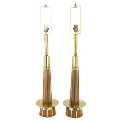 Laurel Lamp Company Mid Century Brass and Walnut Table Lamps, Pair