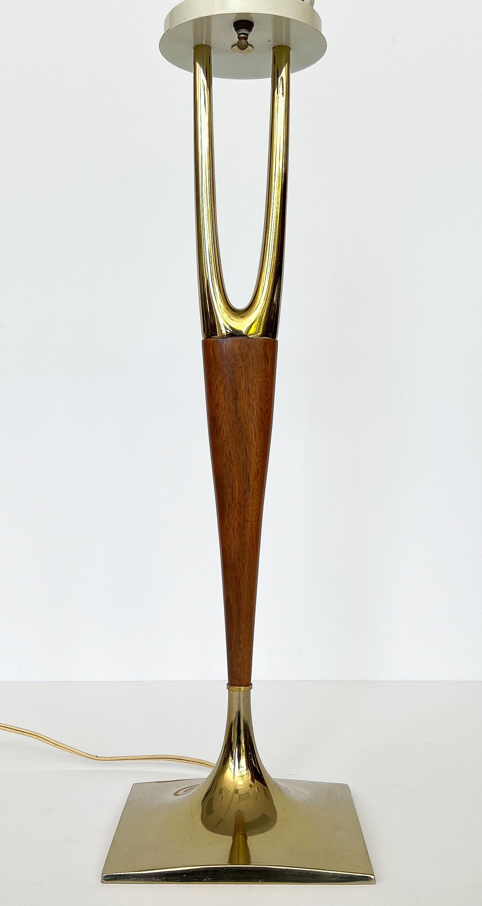 American Laurel Lamp Company Wishbone Brass and Walnut Table Lamp