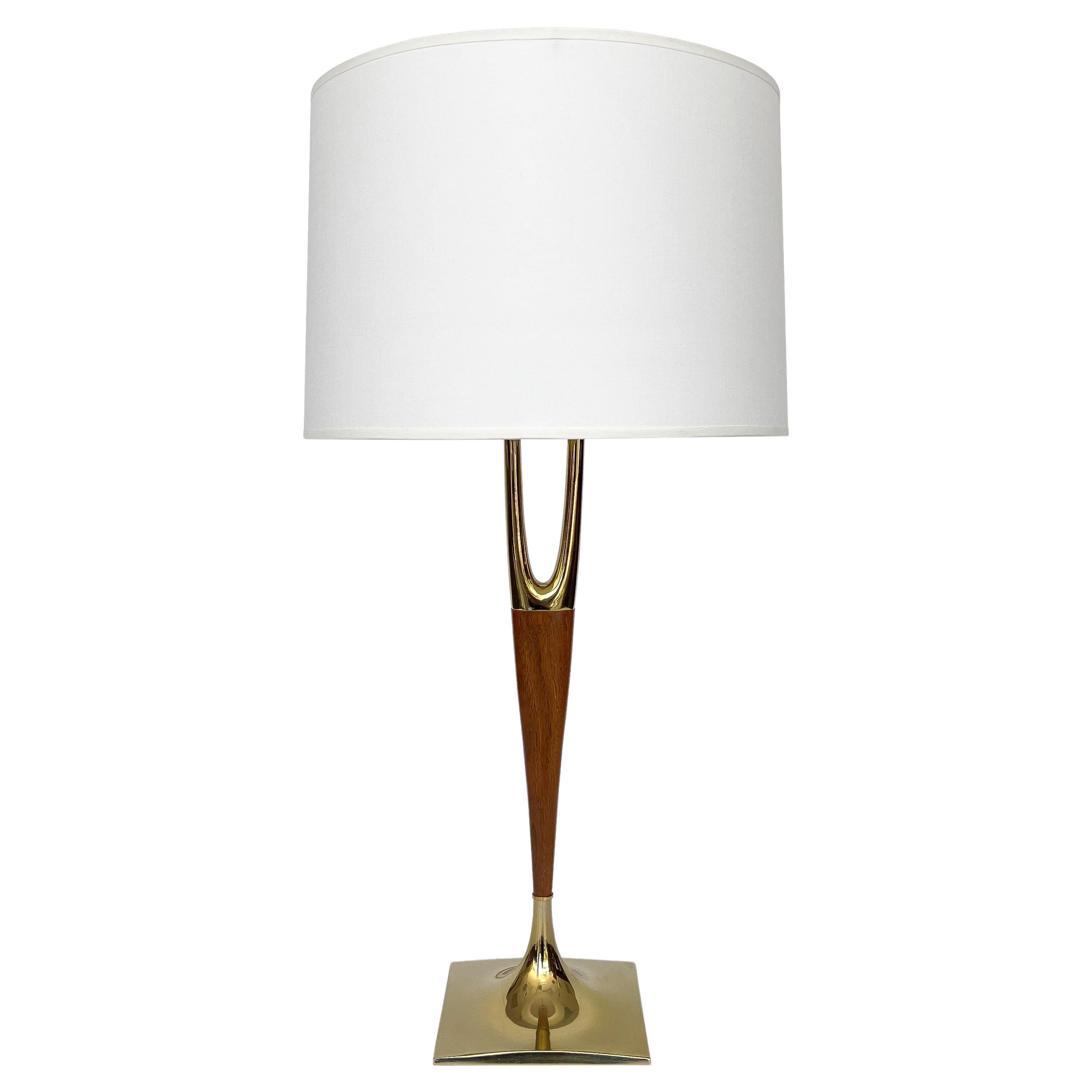 Laurel Lamp Company Wishbone Brass and Walnut Table Lamp