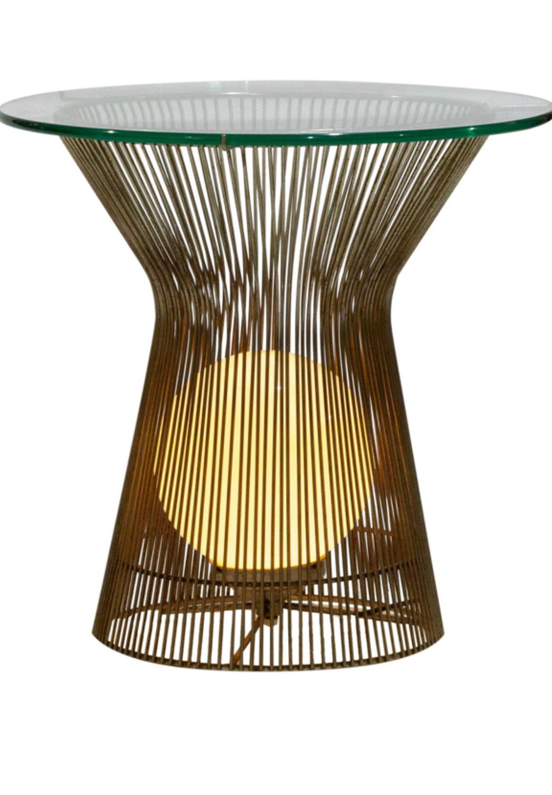 Beautiful bent wire rod and glass light Up end tables by Laurel Lamp Co. in the style of Warren Platner but more beautiful owing to the more dramatic silhouette and light function. They are simply magical when illuminated at night. Tested and