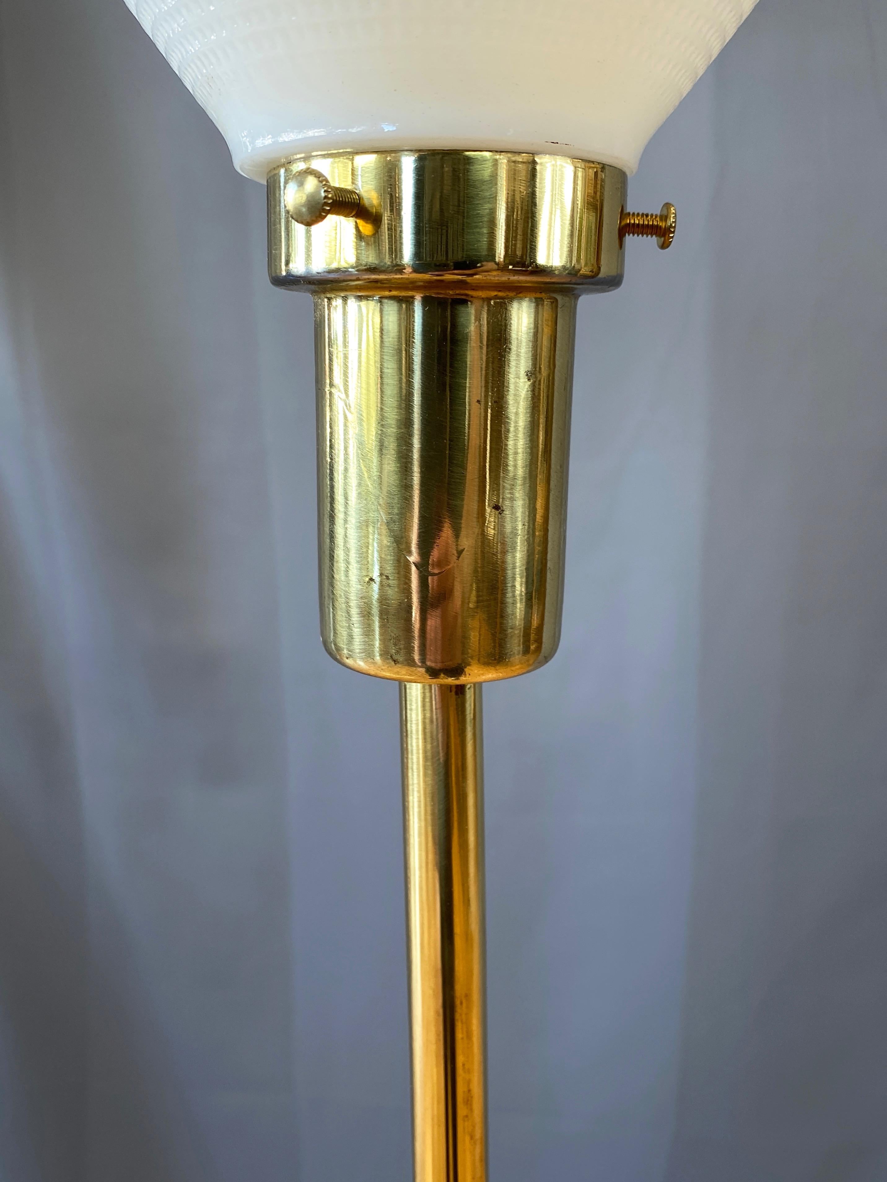 American Laurel Lamp Paul McCobb Style Brass Tripod Base Floor Lamp, 1950s