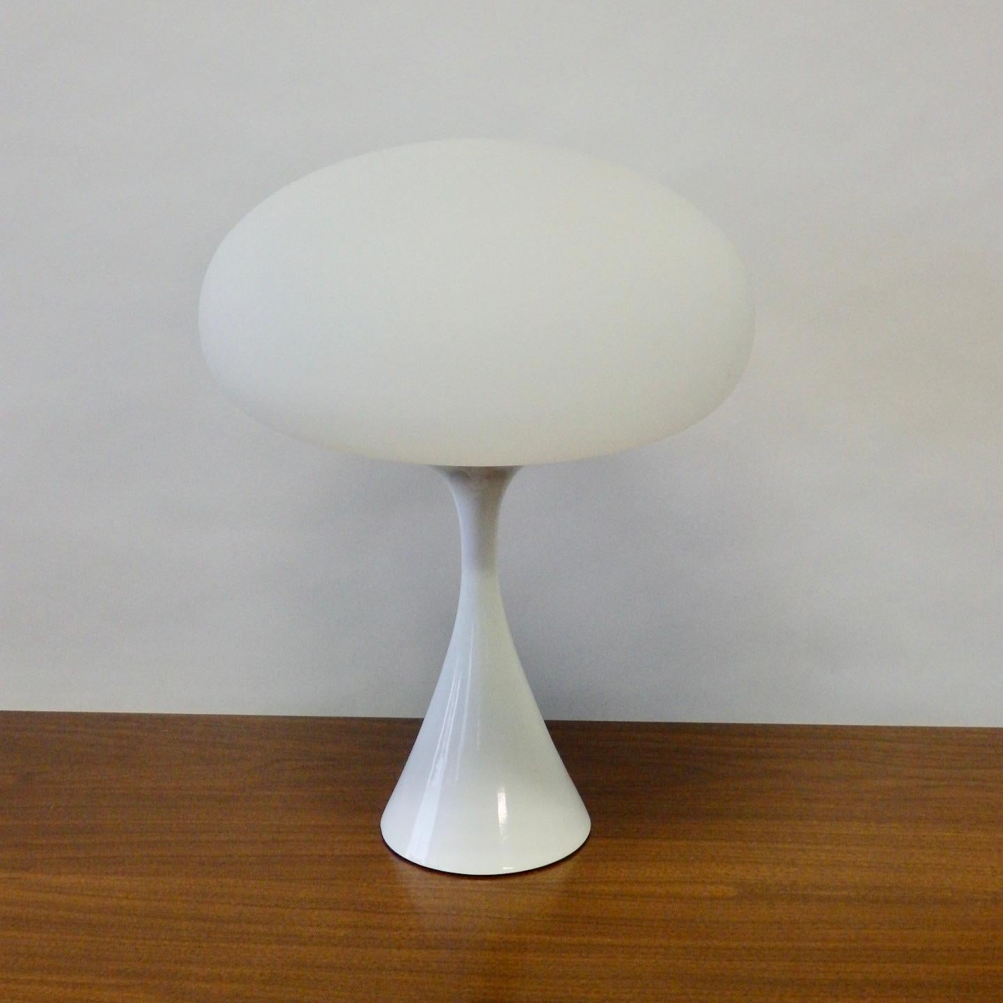 White base Laurel lamp with white mushroom globe. Retains original Laurel label on interior.