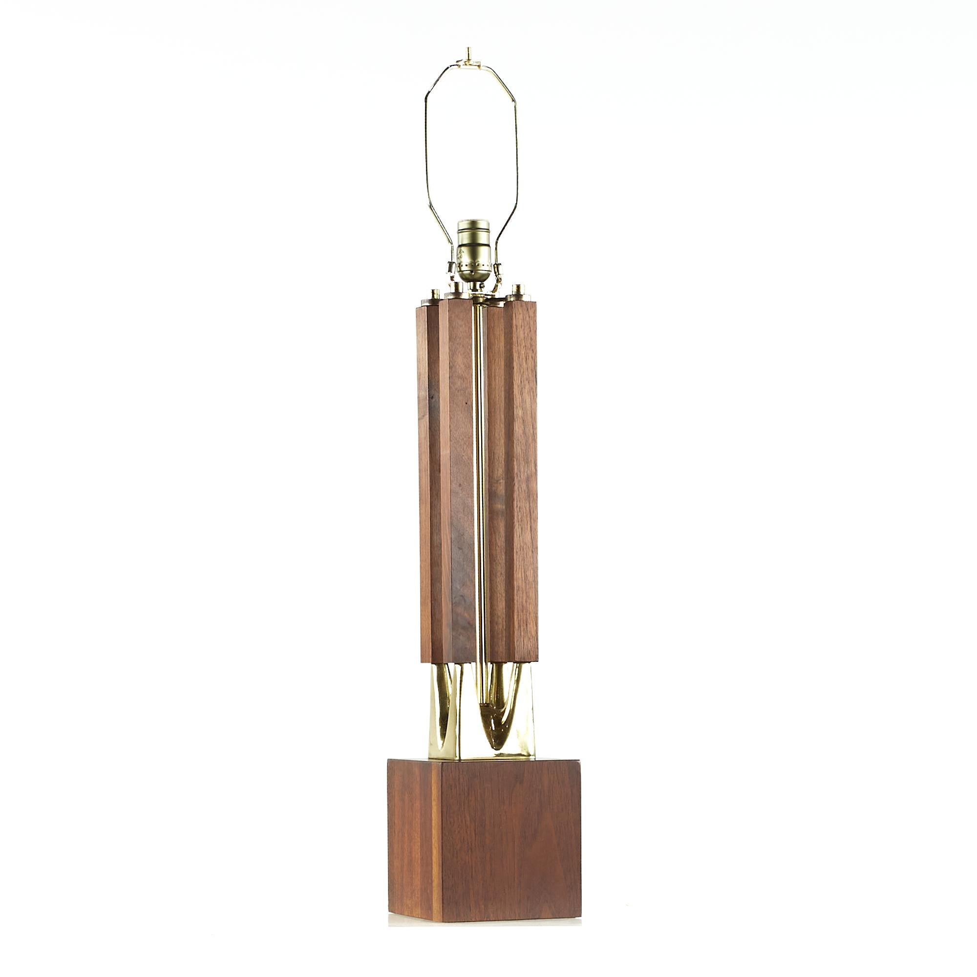 American Laurel Midcentury Brass and Walnut Table Lamps, Pair For Sale
