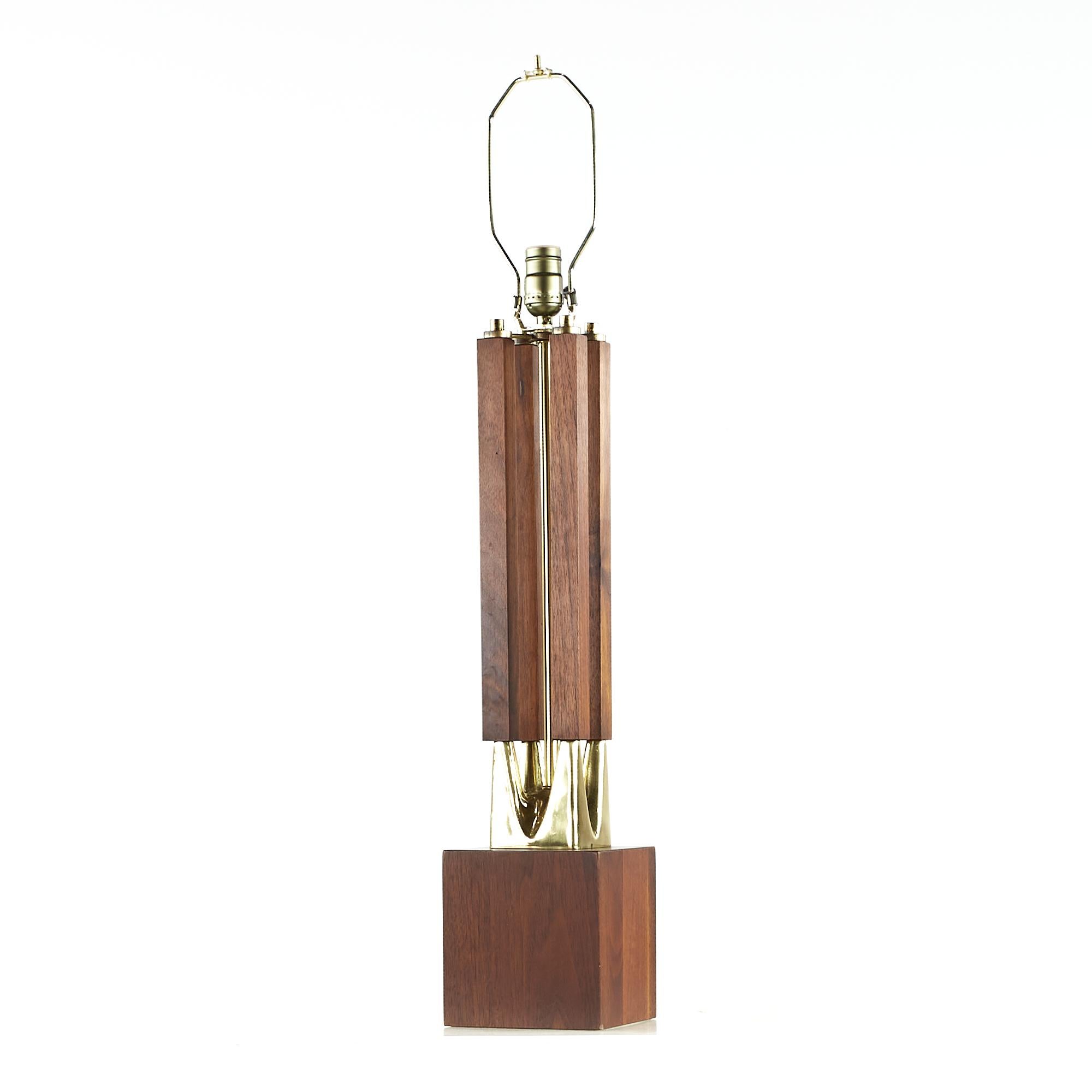 Late 20th Century Laurel Midcentury Brass and Walnut Table Lamps, Pair For Sale