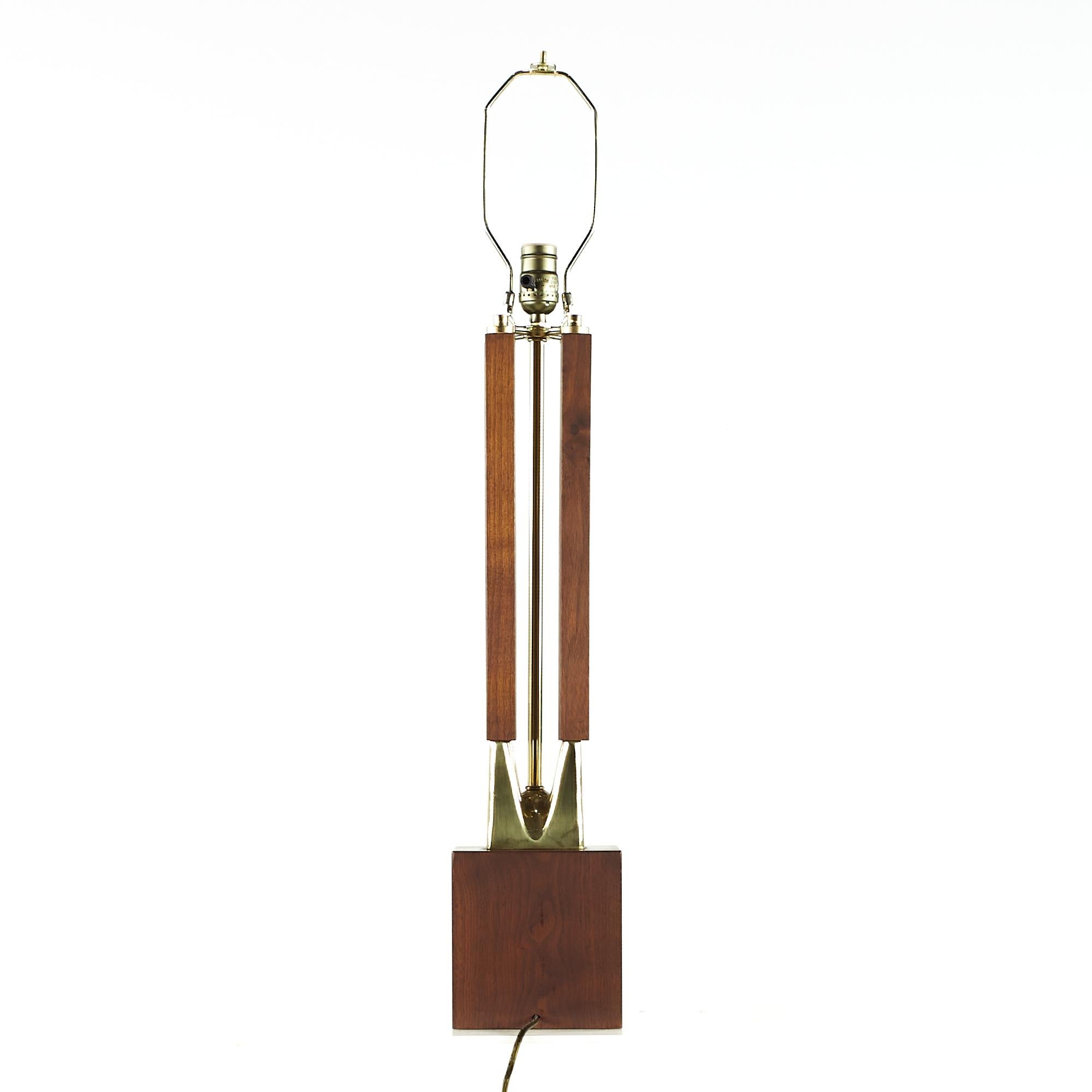 Laurel Midcentury Brass and Walnut Table Lamps, Pair For Sale 2