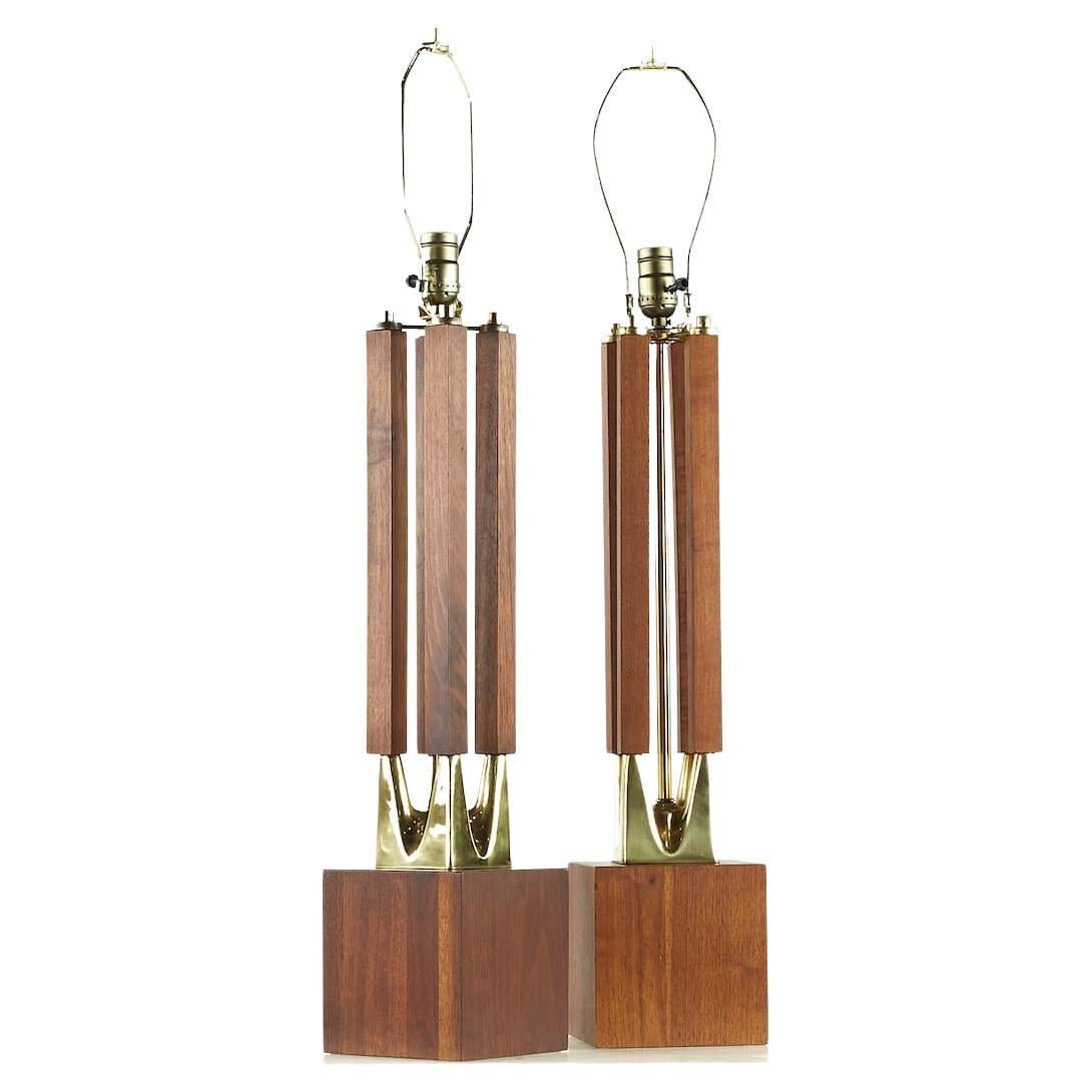 Laurel Midcentury Brass and Walnut Table Lamps, Pair For Sale