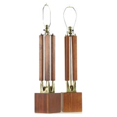 Laurel Midcentury Brass and Walnut Table Lamps, Pair