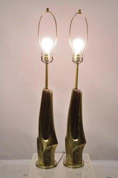 Laurel Mid Century Brutalist Modernist Brass Sculptural Table Lamps - a Pair