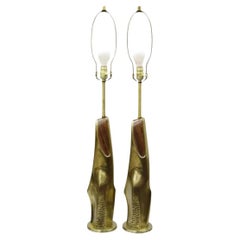 Laurel Mid Century Brutalist Modernist Brass Sculptural Table Lamps - a Pair