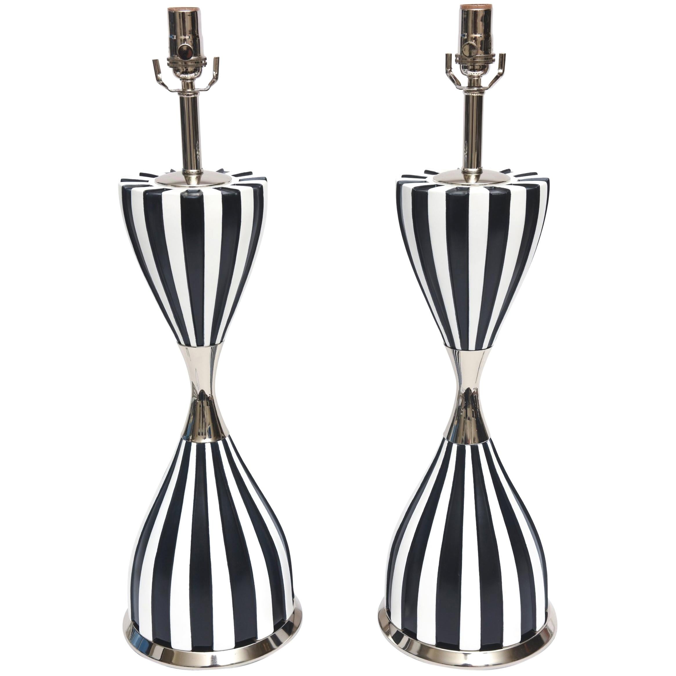 Laurel Mid-Century Modern Ceramic and Nickel Silver Lamps, Pair