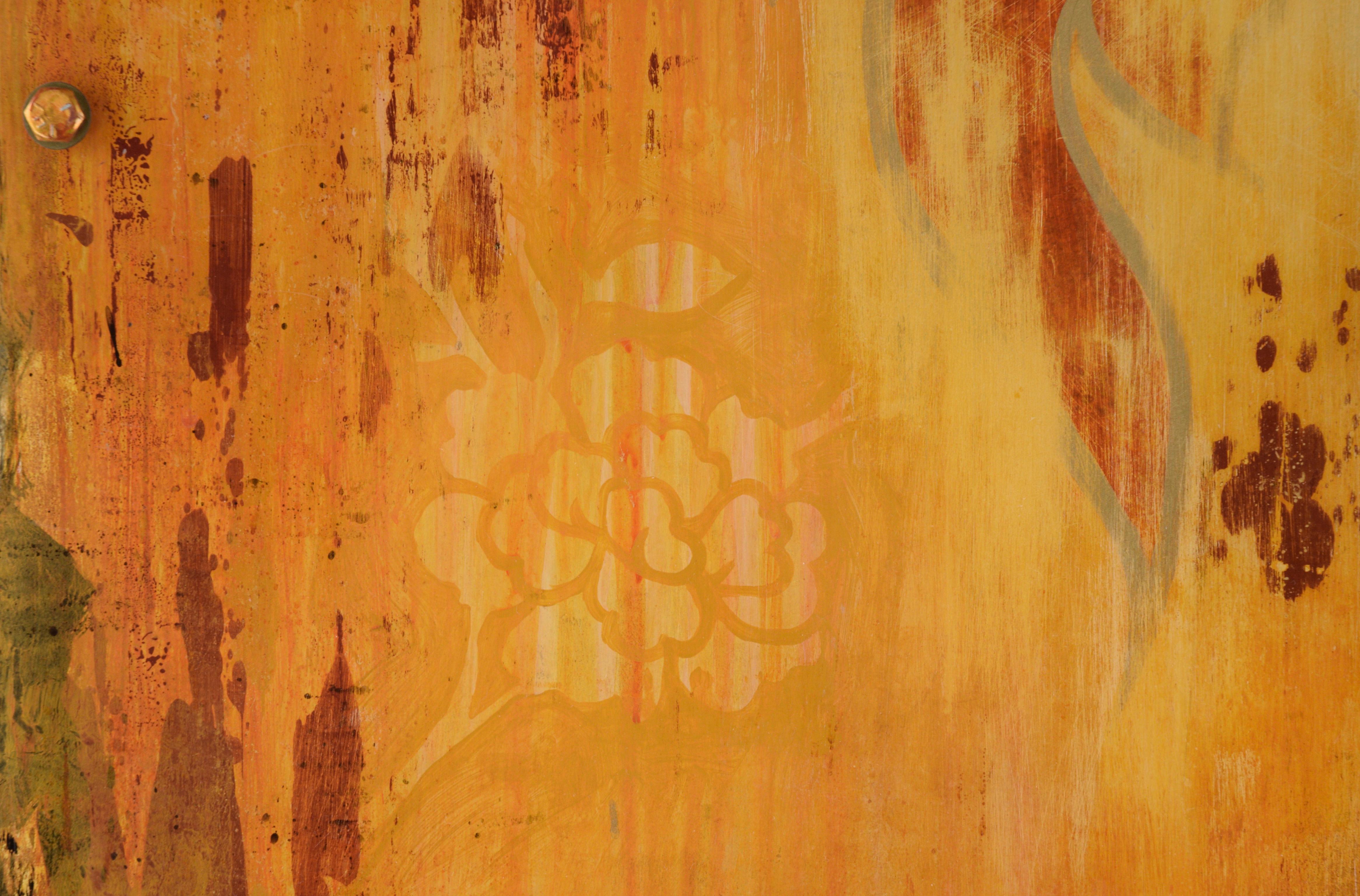 „Zephyrella“ – Gemälde auf Acryl mit Stahlskulpturenelementen (Braun), Abstract Painting, von Laurel Morley