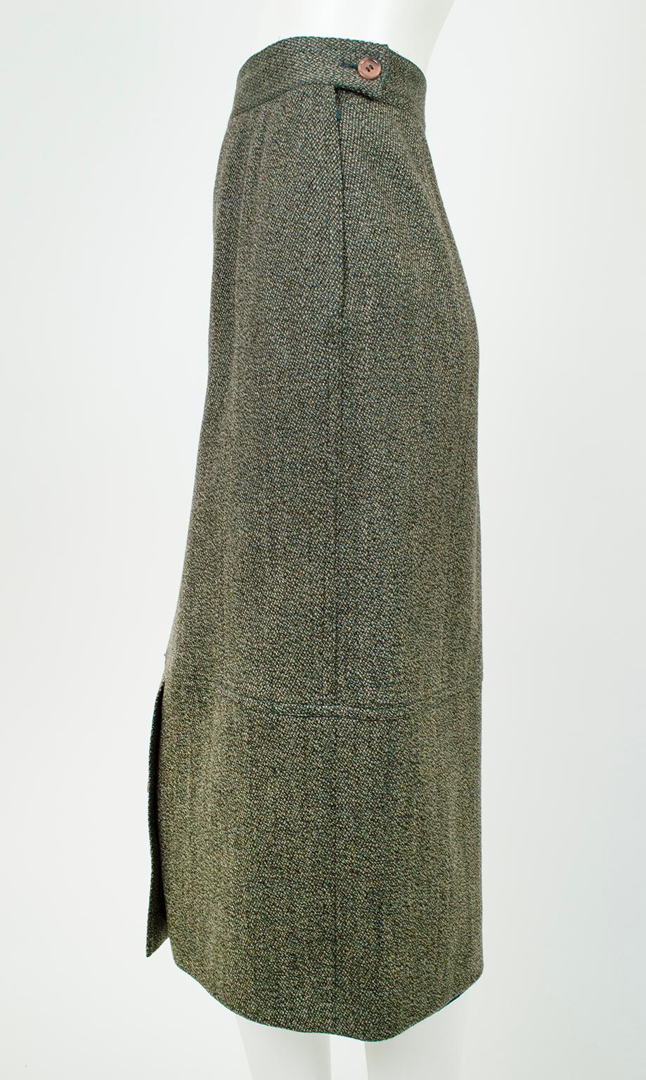 Laurèl Olive Tweed gerader Midirock mit geknöpftem Frontschlitz - S-M, 1980er im Zustand „Hervorragend“ im Angebot in Tucson, AZ