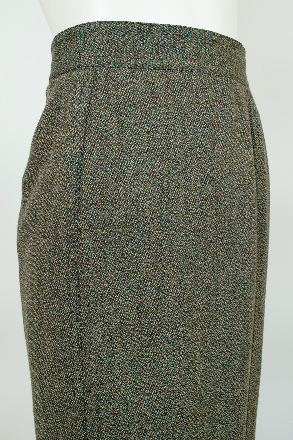 Women's Laurèl Olive Tweed Straight Midi Skirt with Buttoned Front Vent – S-M, 1980s For Sale