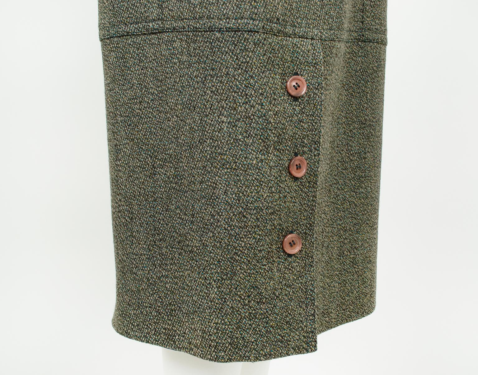 Jupe midi droite en tweed olive avec fente boutonnée sur le devant - S-M, années 1980 en vente 2